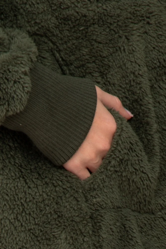 Olive Fuzzy Hooded Long Sleeve Maternity Jacket - Image 5