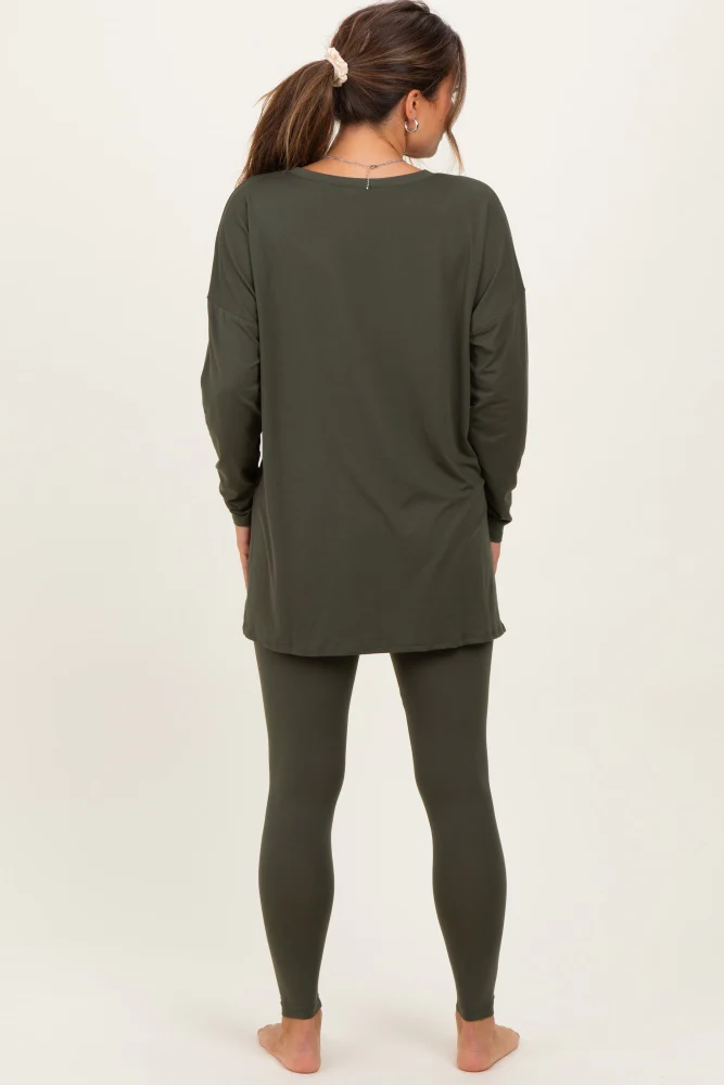 Olive Green Brushed Knit Maternity Oversized Top and Legging Set - Image 4