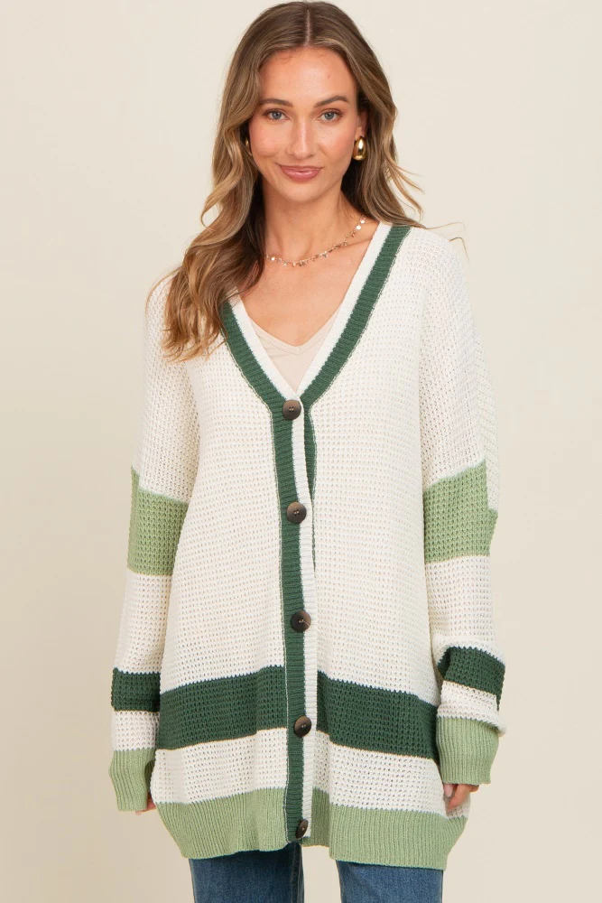 Olive Green Colorblock Button Down Cardigan - Image 3