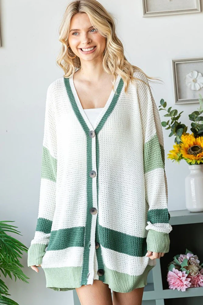 Olive Green Colorblock Button Down Cardigan - Image 6