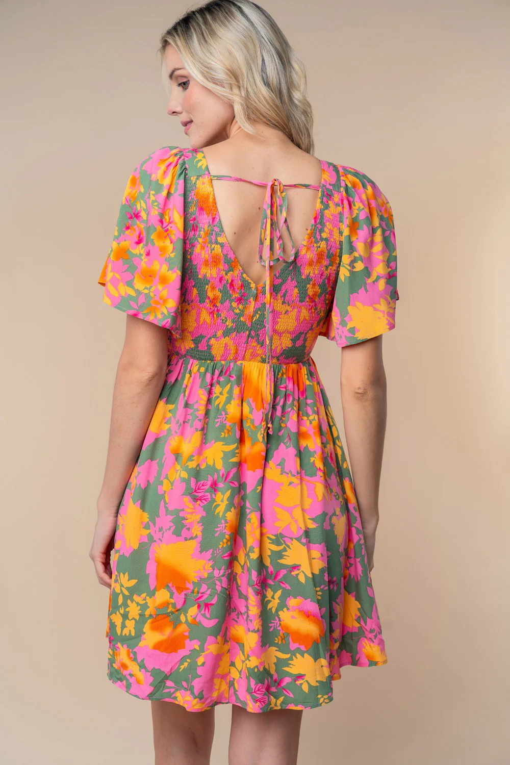 Olive Leaf Print Smocked V-Neck Dress - Image 4