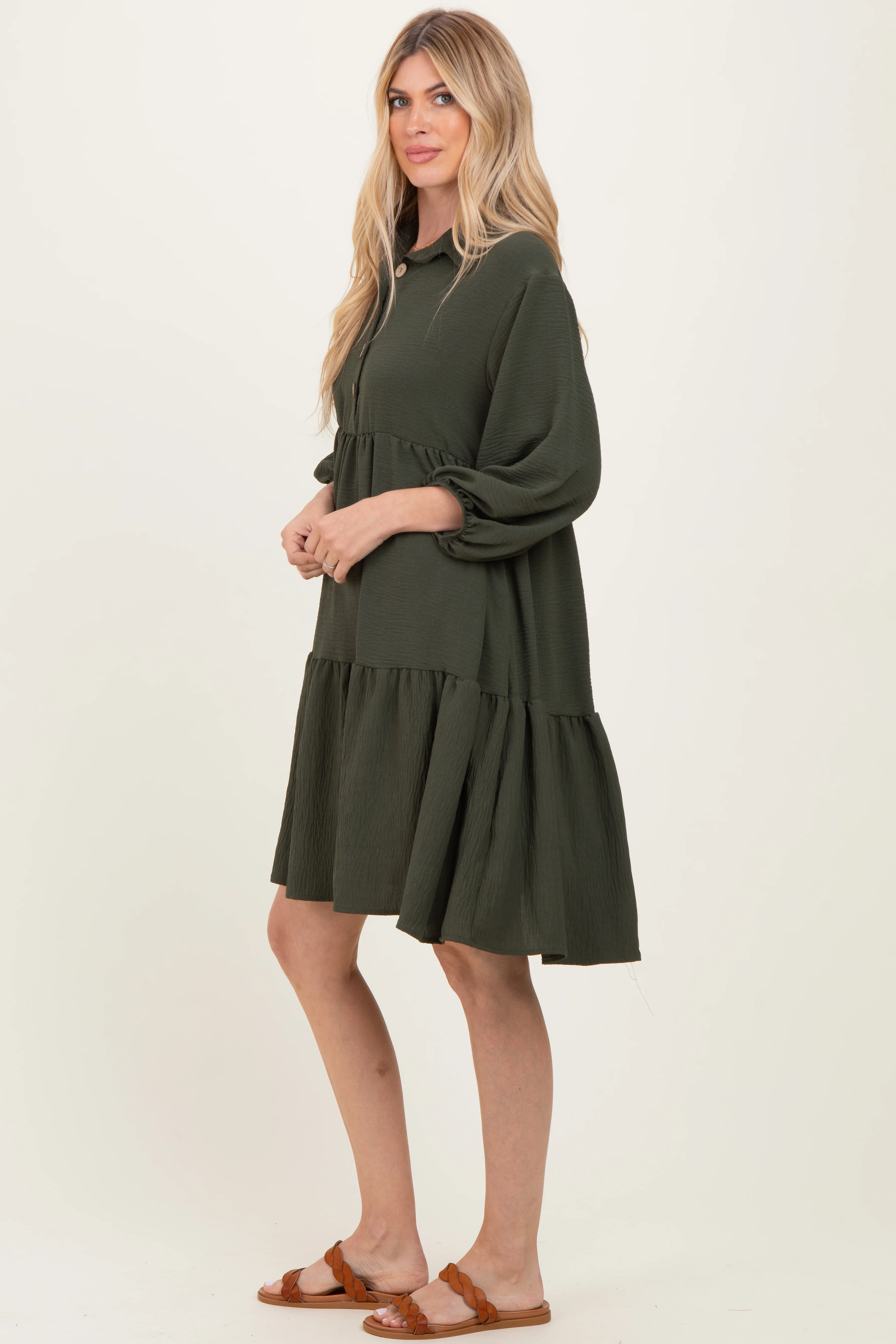 Olive Long Sleeve Button Down Collared Tiered Dress - Image 3