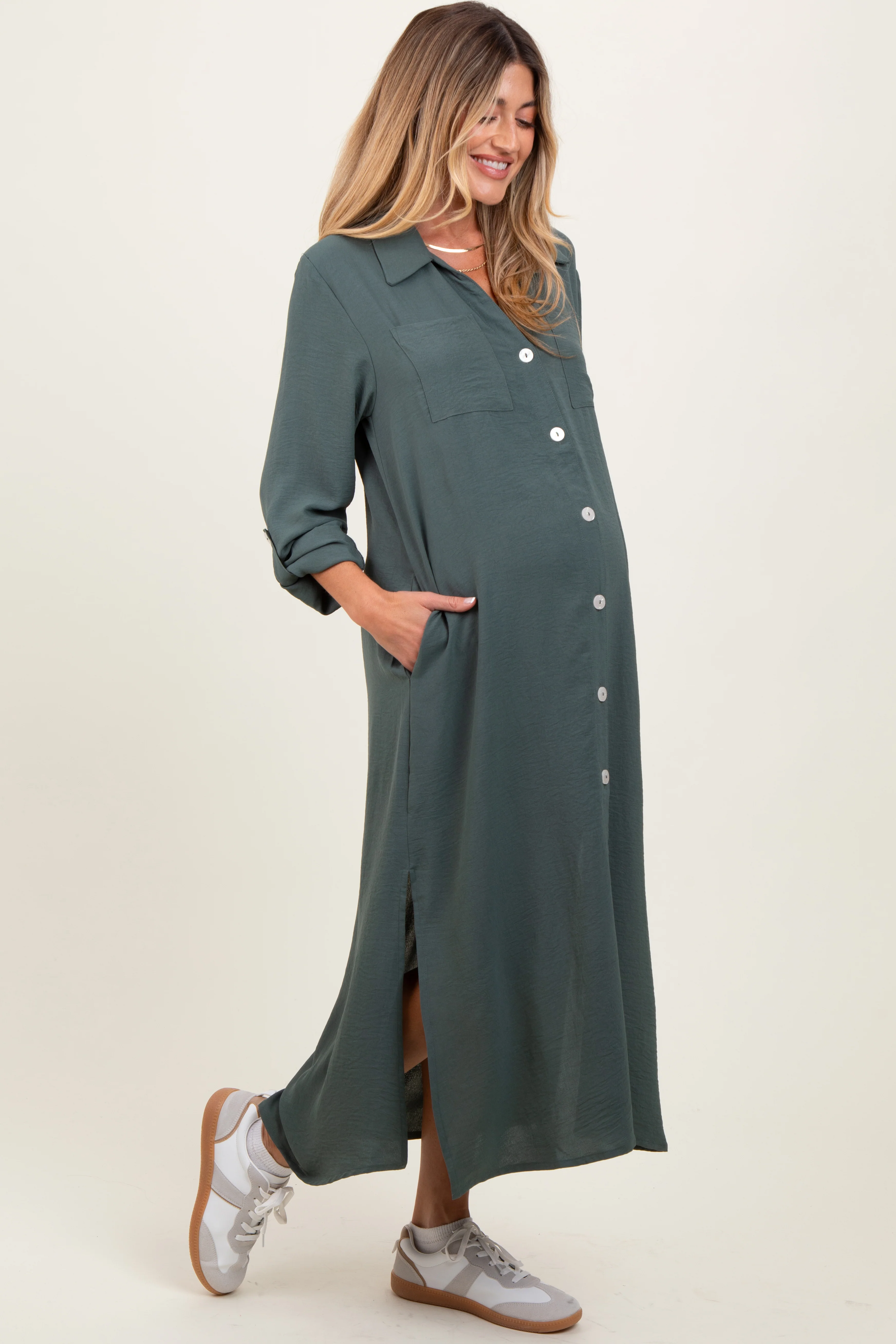 Olive Long Sleeve Button Down Maternity Maxi Dress - Image 3