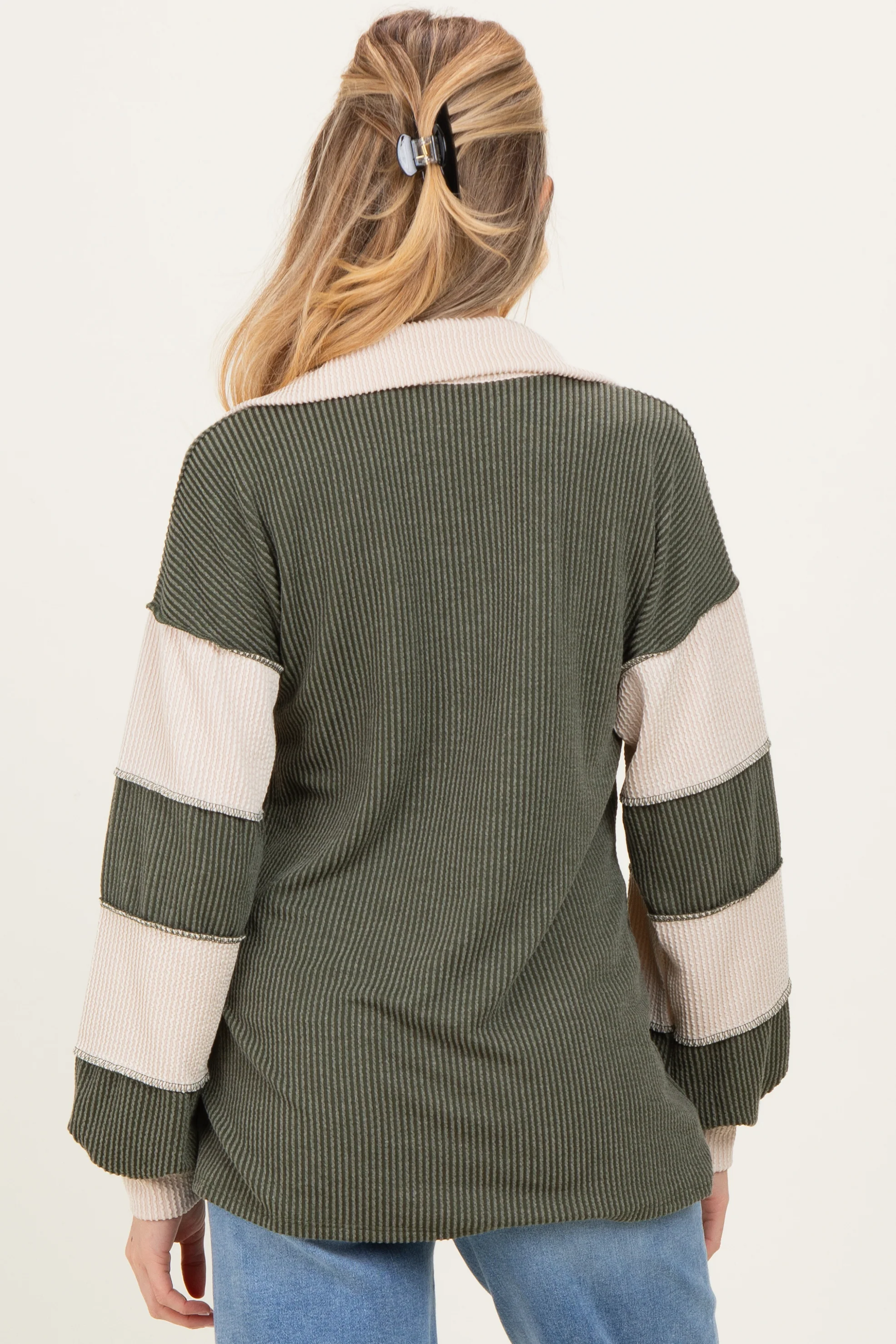 Olive Long Sleeve Collar Solid Contrast Maternity Top - Image 4