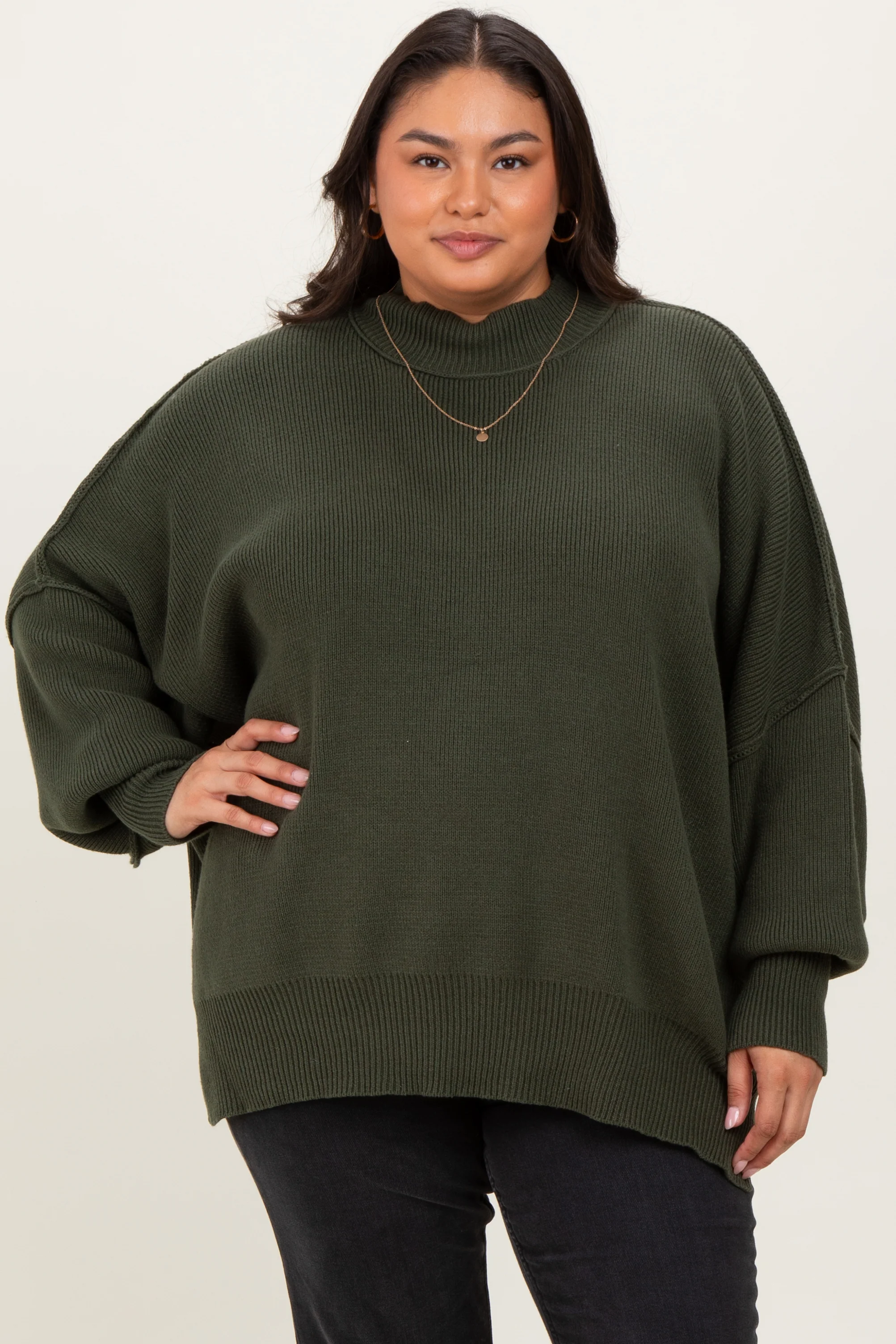 Olive Mock Neck Exposed Seam Maternity Sweater - Image 5