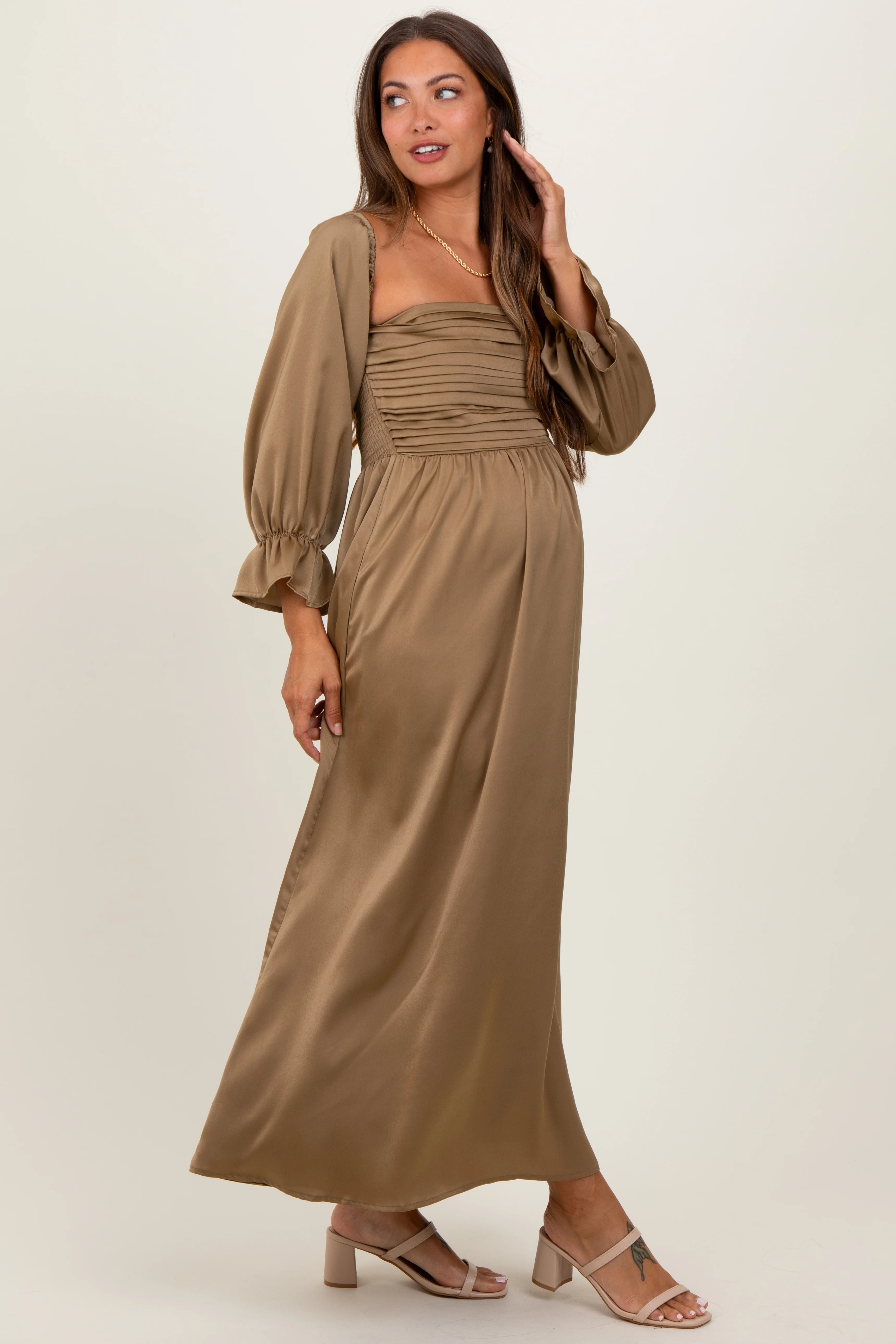 Olive Off Shoulder Satin Pleated Bodice Maternity Maxi Dress - Image 3