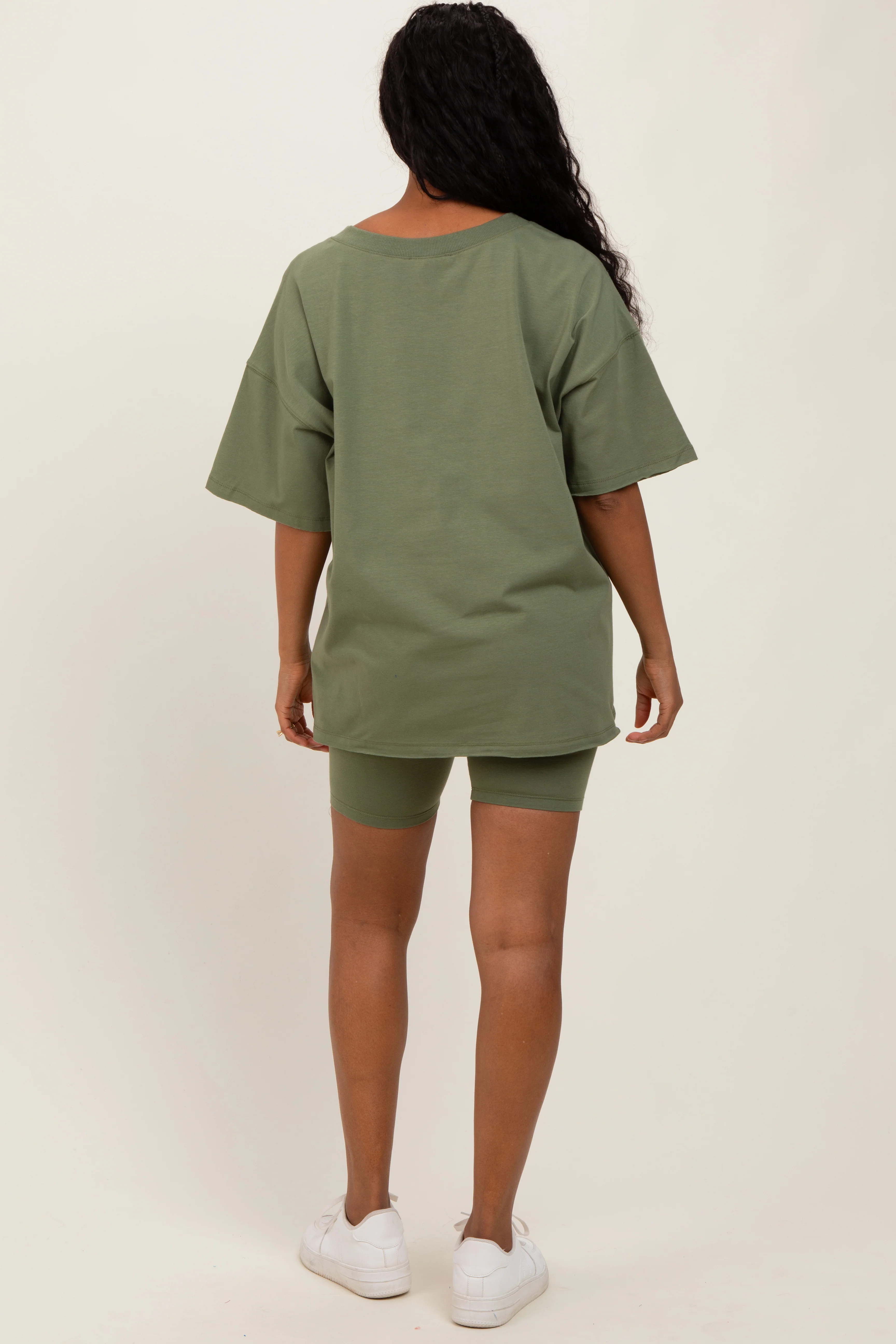 Olive Oversized V-Neck Biker Short Set - Image 4