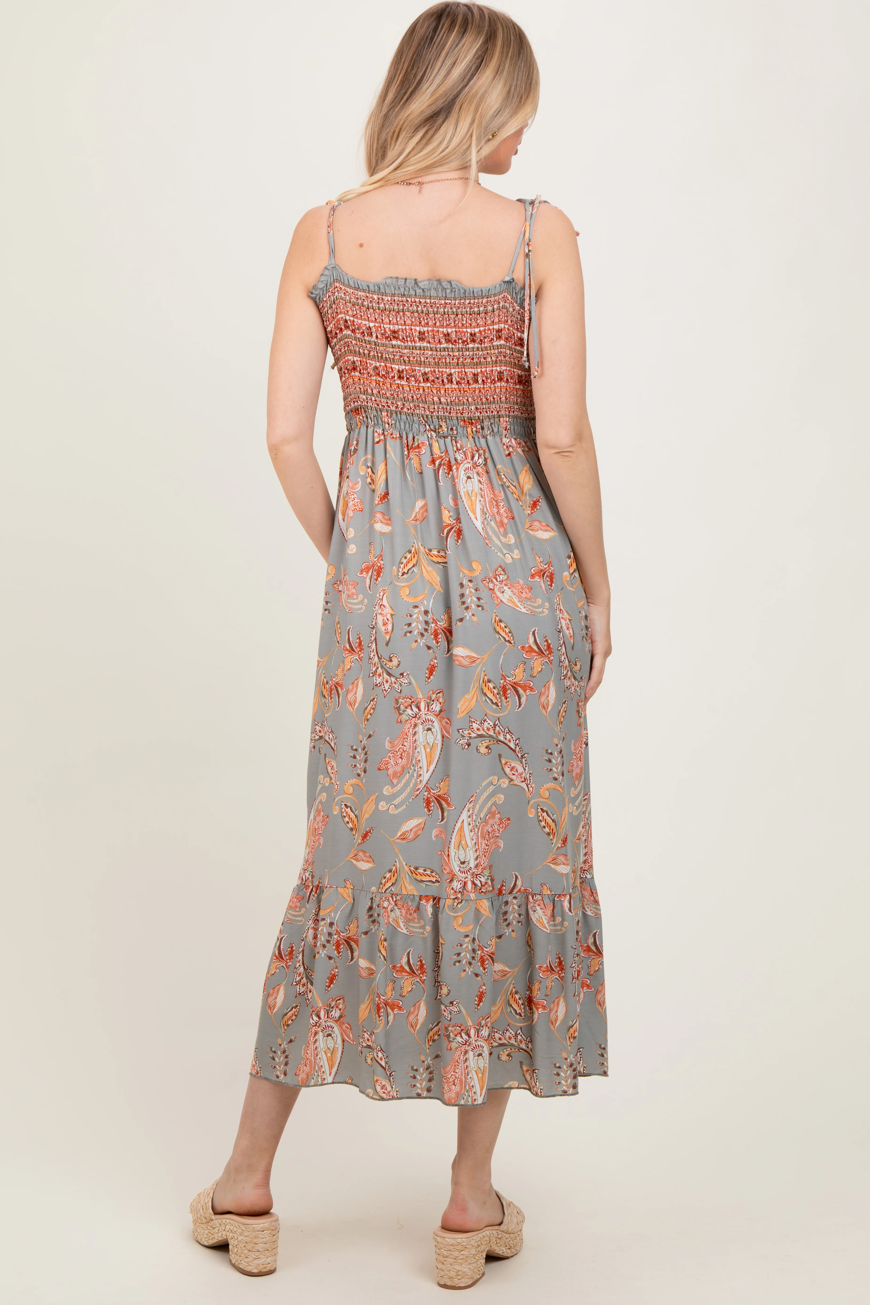 Olive Paisley Shoulder Tie Smocked Maxi Dress - Image 3