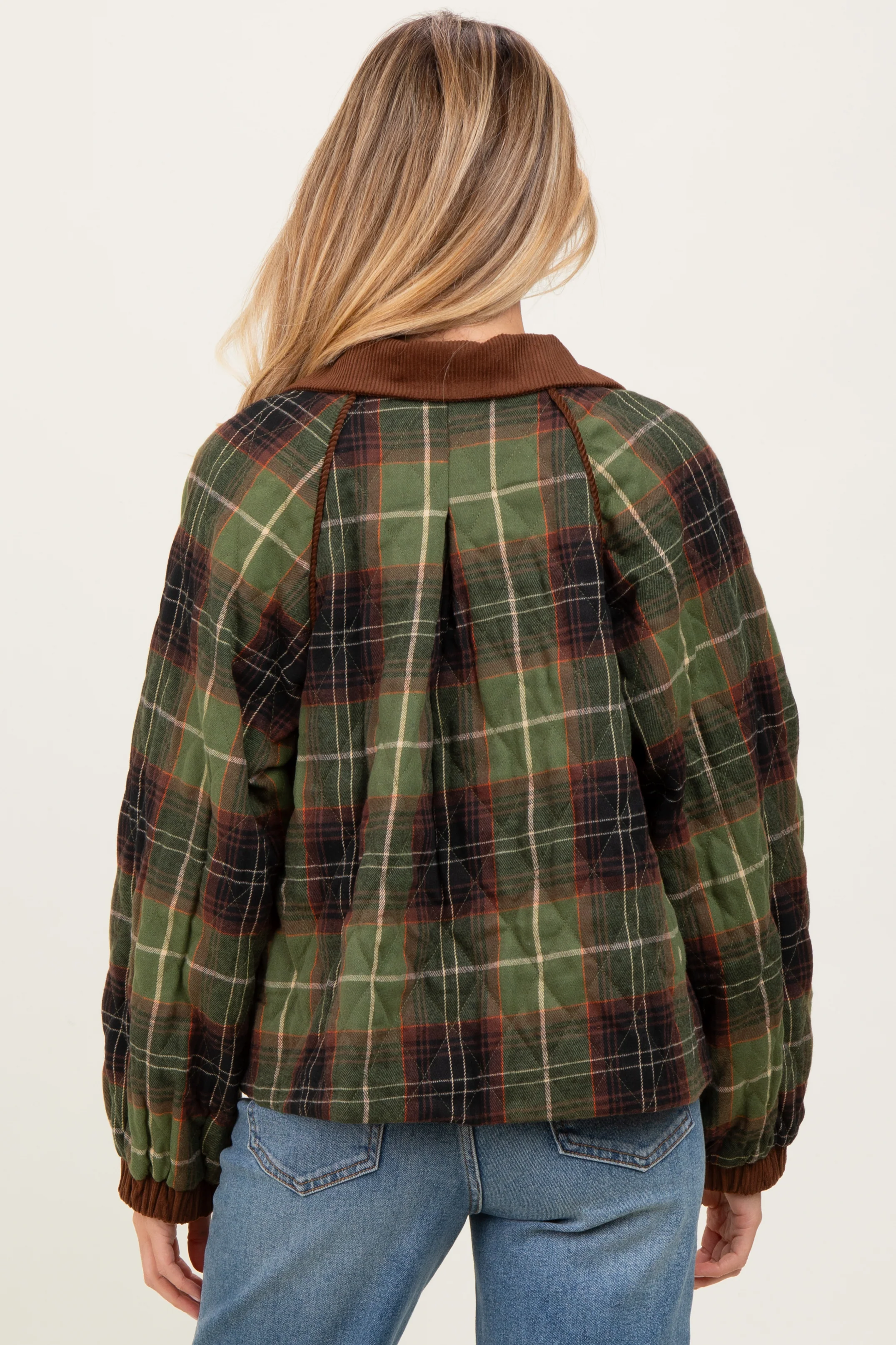 Olive Plaid Quilted Corduroy Contrast Maternity Jacket - Image 5