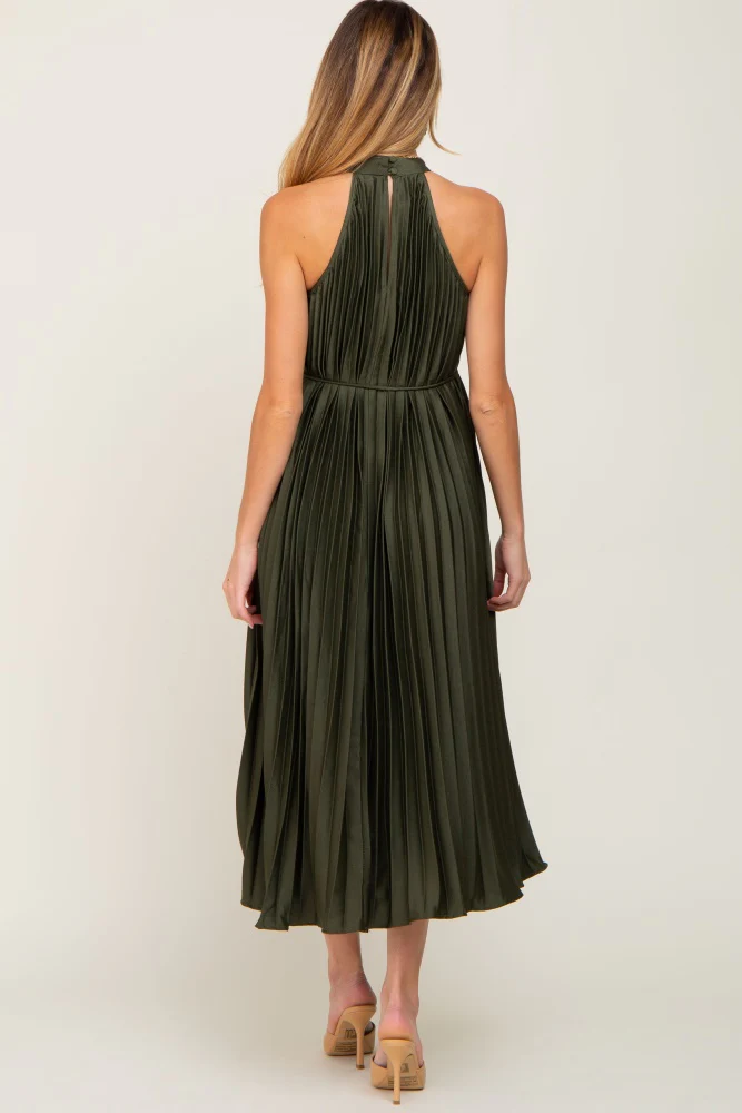 Olive Pleated Maternity Halter Dress - Image 4