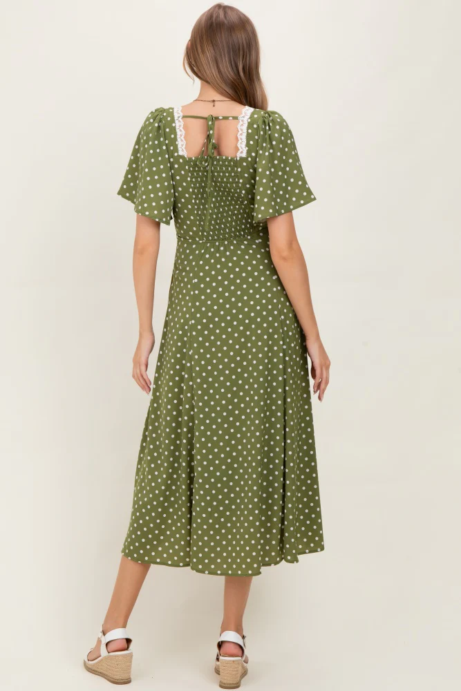 Olive Polka Dot Lace Trim Maternity Maxi Dress - Image 4