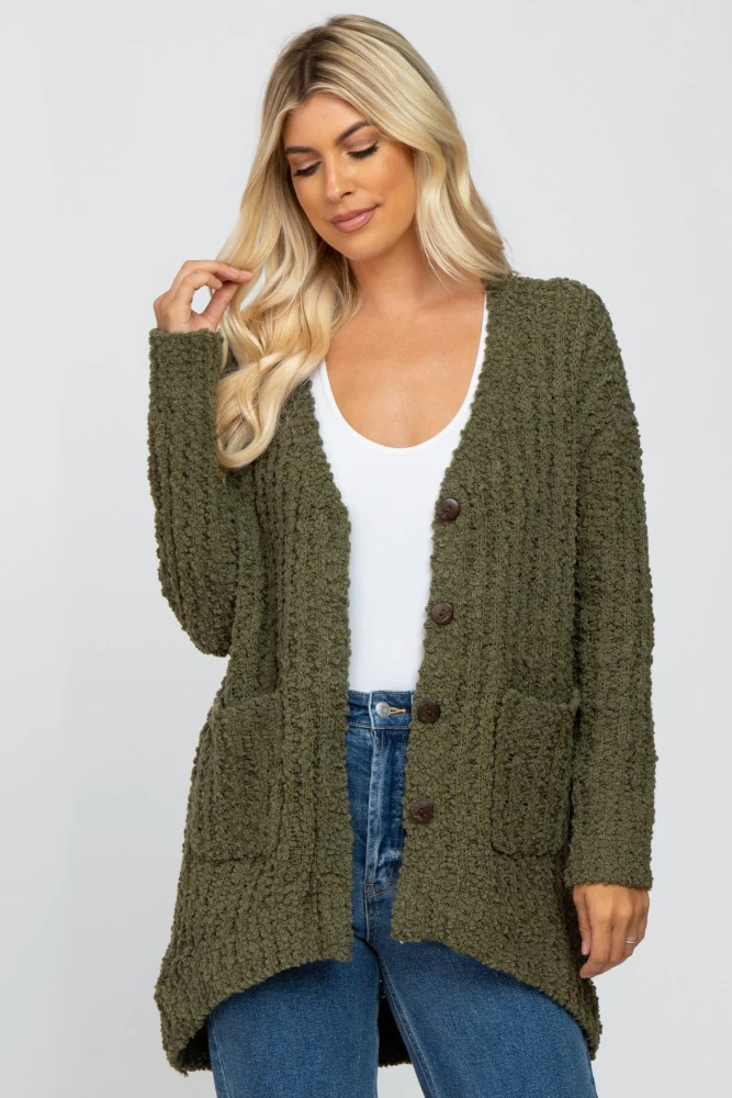 Olive Popcorn Knit Hi-Low Maternity Cardigan - Image 6