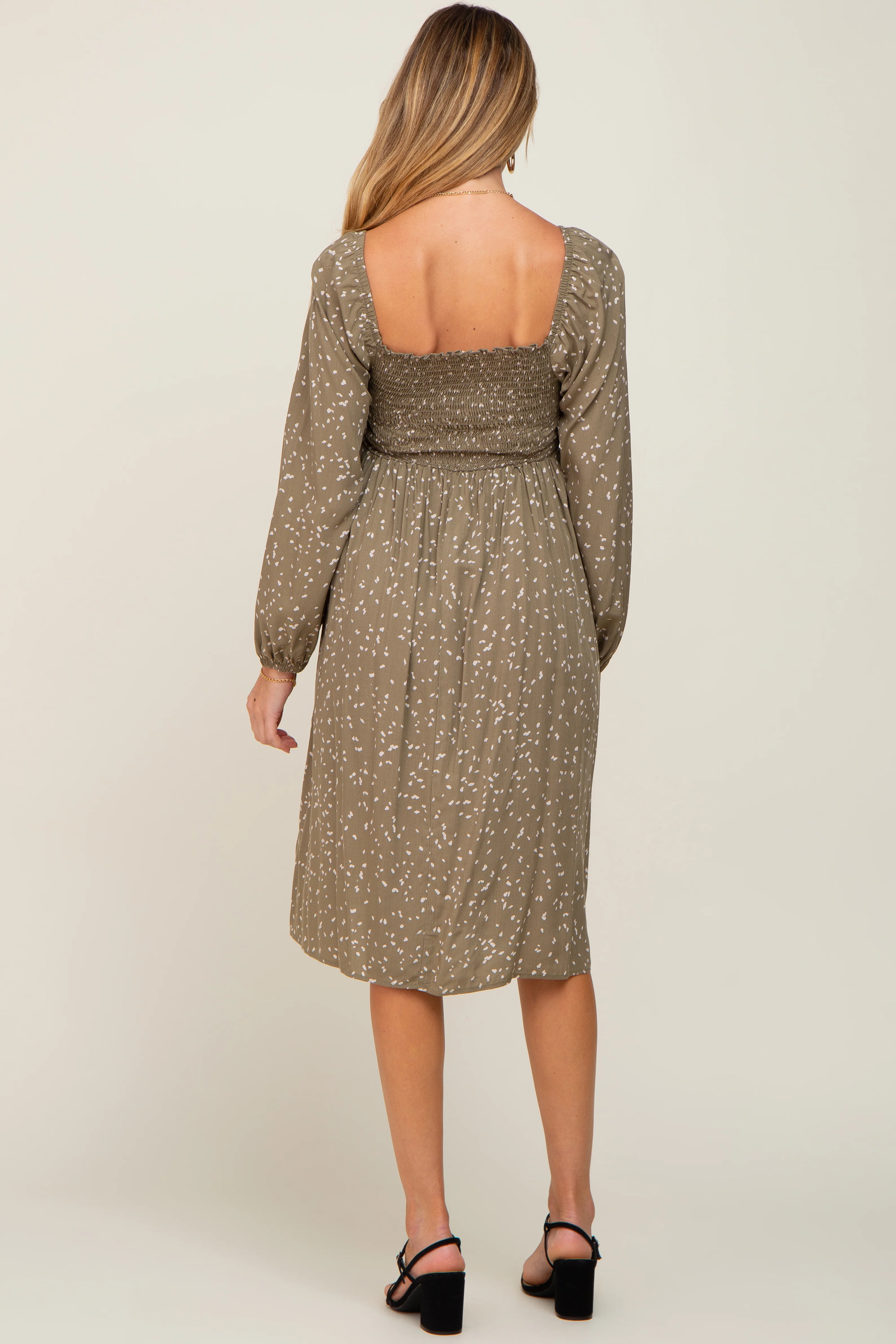 Olive Printed Long Sleeve Maternity Midi Dress - Image 3