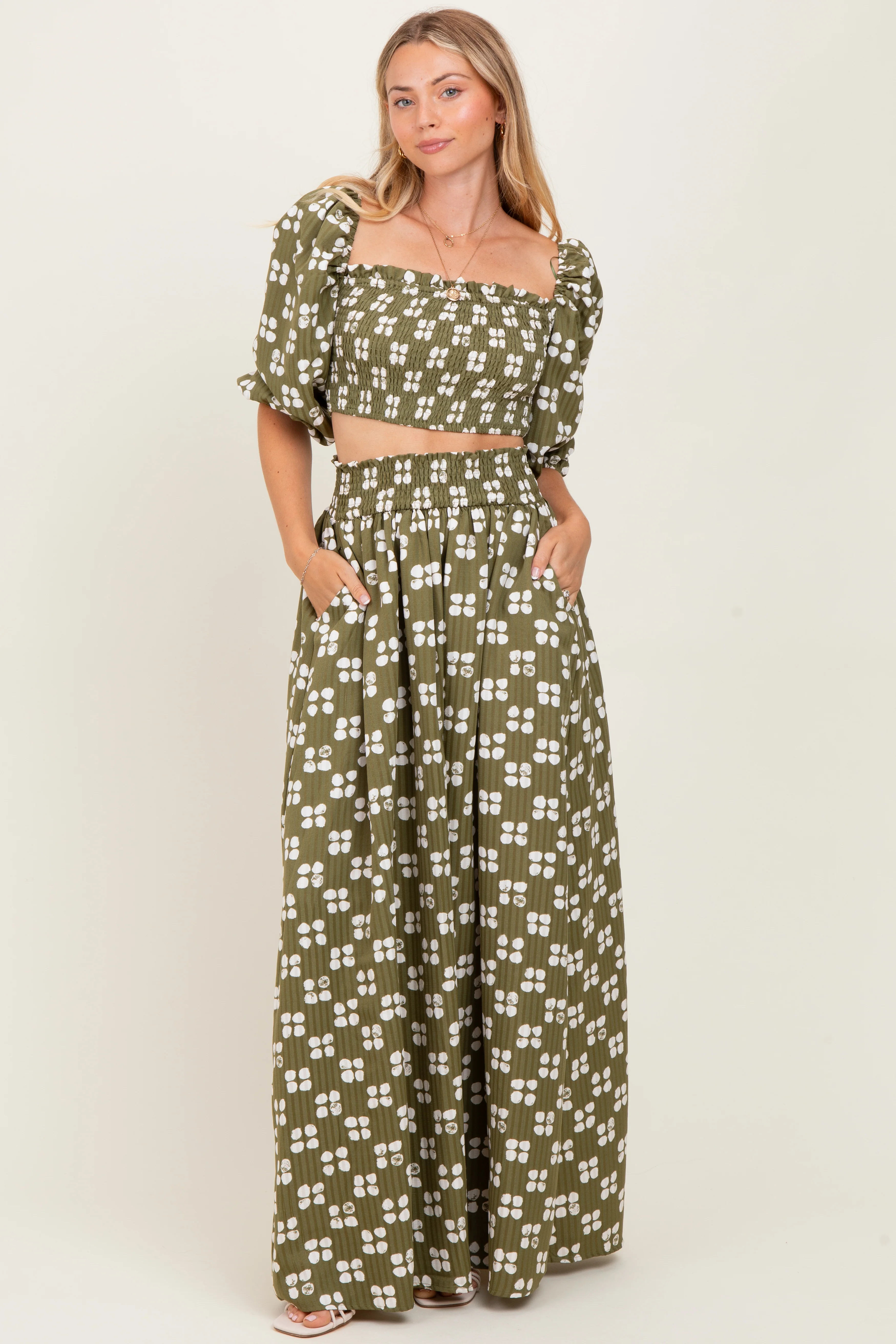 Olive Printed Smocked Crop Top Maxi Skirt Set - Image 2
