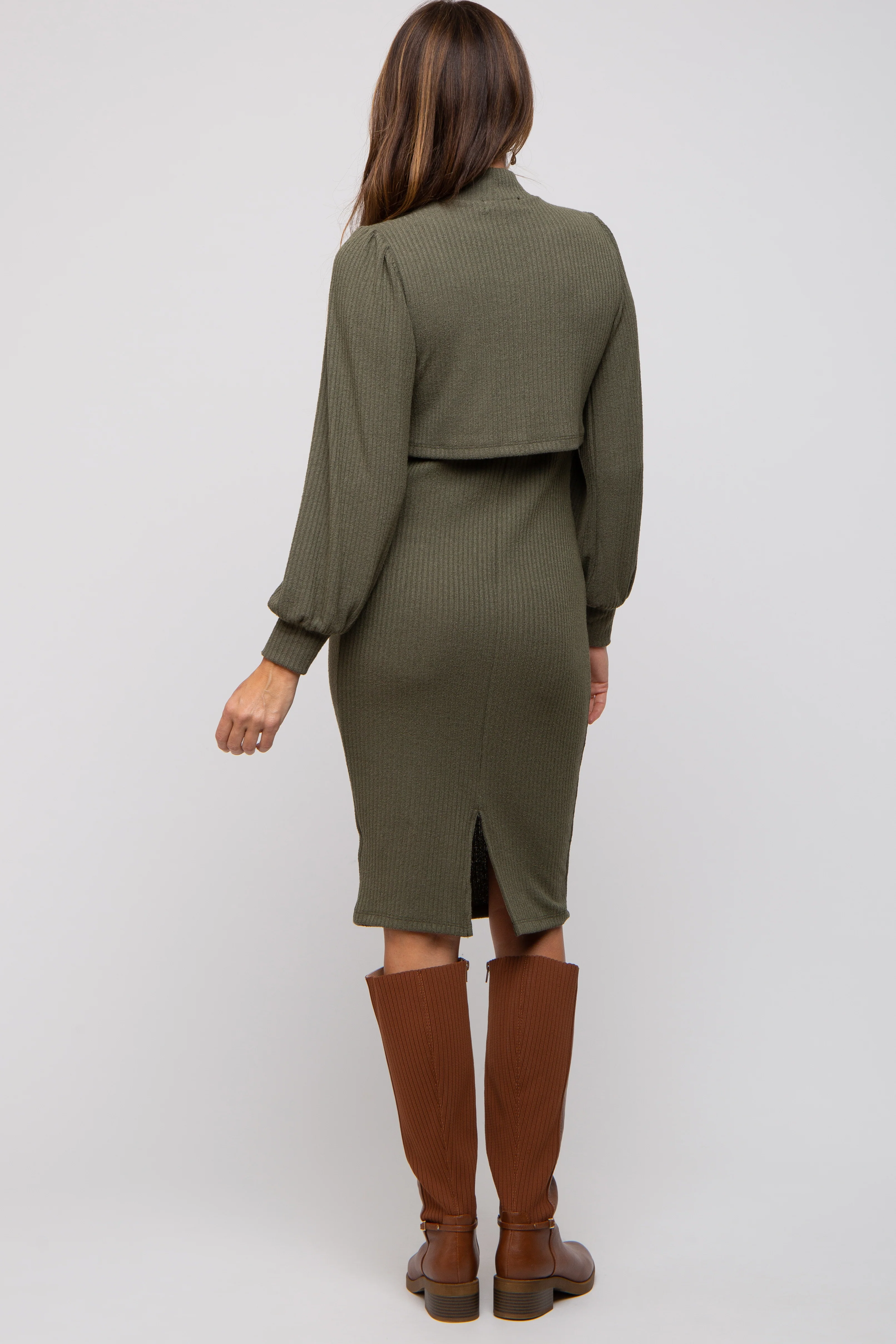 Olive Rib Knit Mock Neck Mock Neck Nursing Dress - Image 4