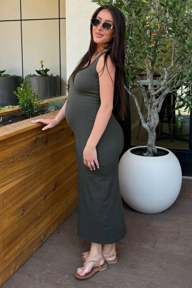 Olive Ribbed Basic Maternity Maxi Dress - Image 5