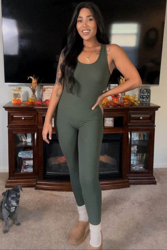Olive Ribbed Bodycon Jumpsuit - Image 6