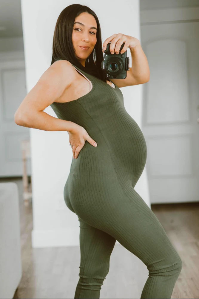 Olive Ribbed Bodycon Maternity Jumpsuit - Image 10