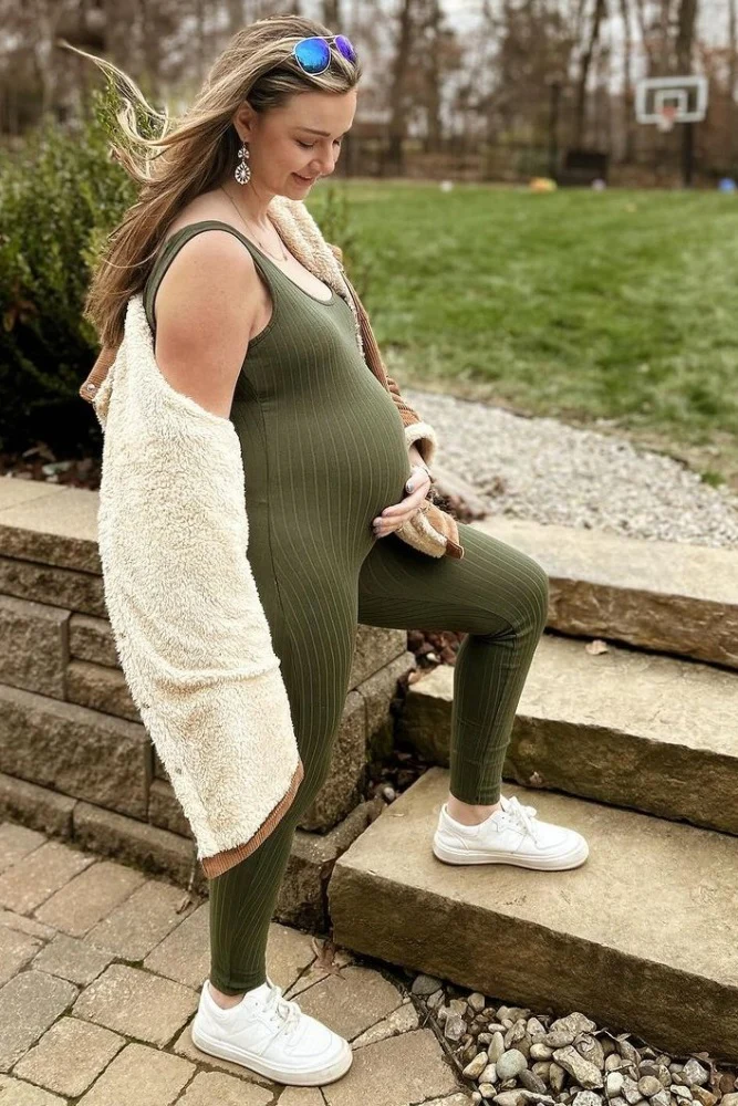 Olive Ribbed Bodycon Maternity Jumpsuit - Image 18