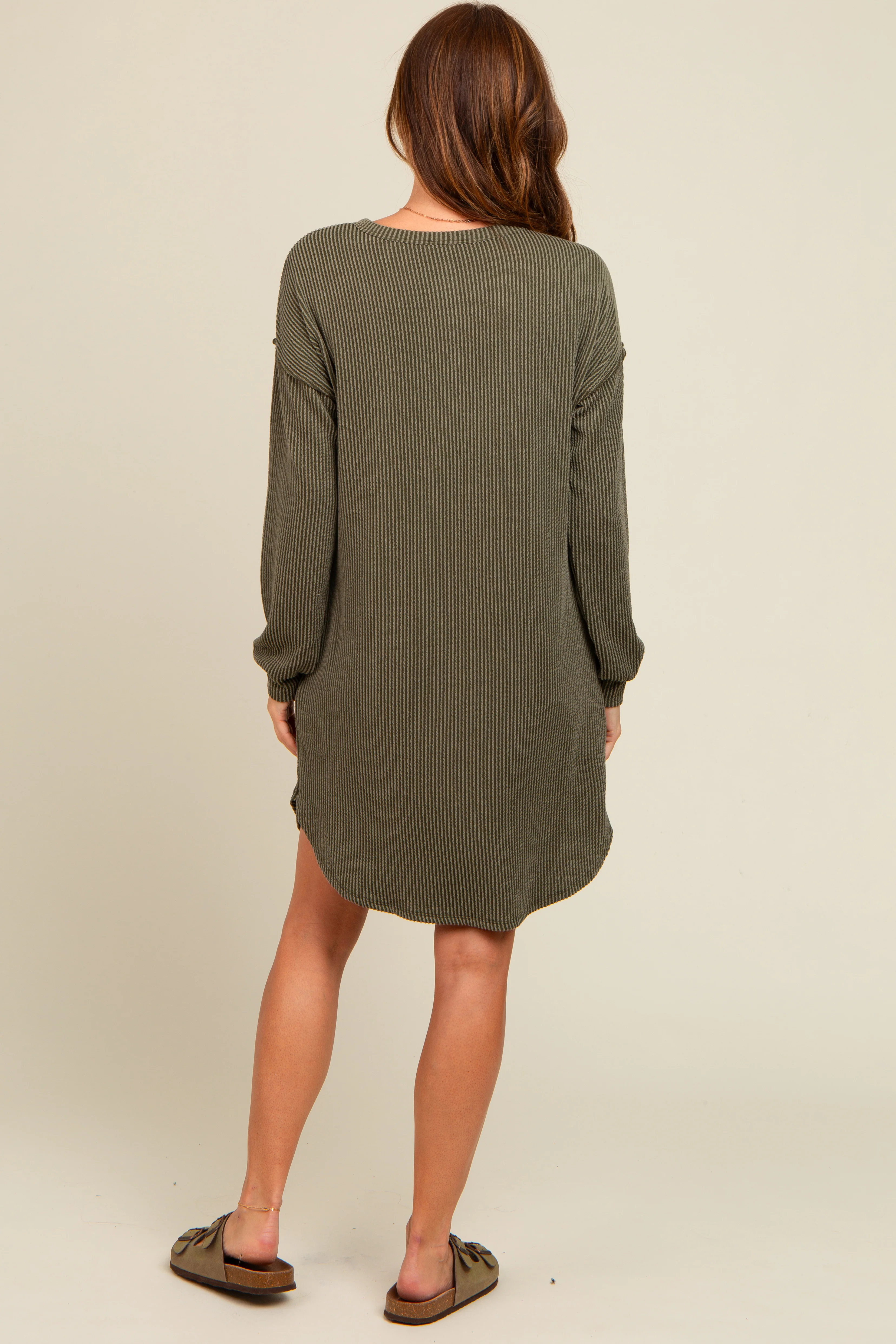Olive Ribbed Button Accent Dress - Image 4