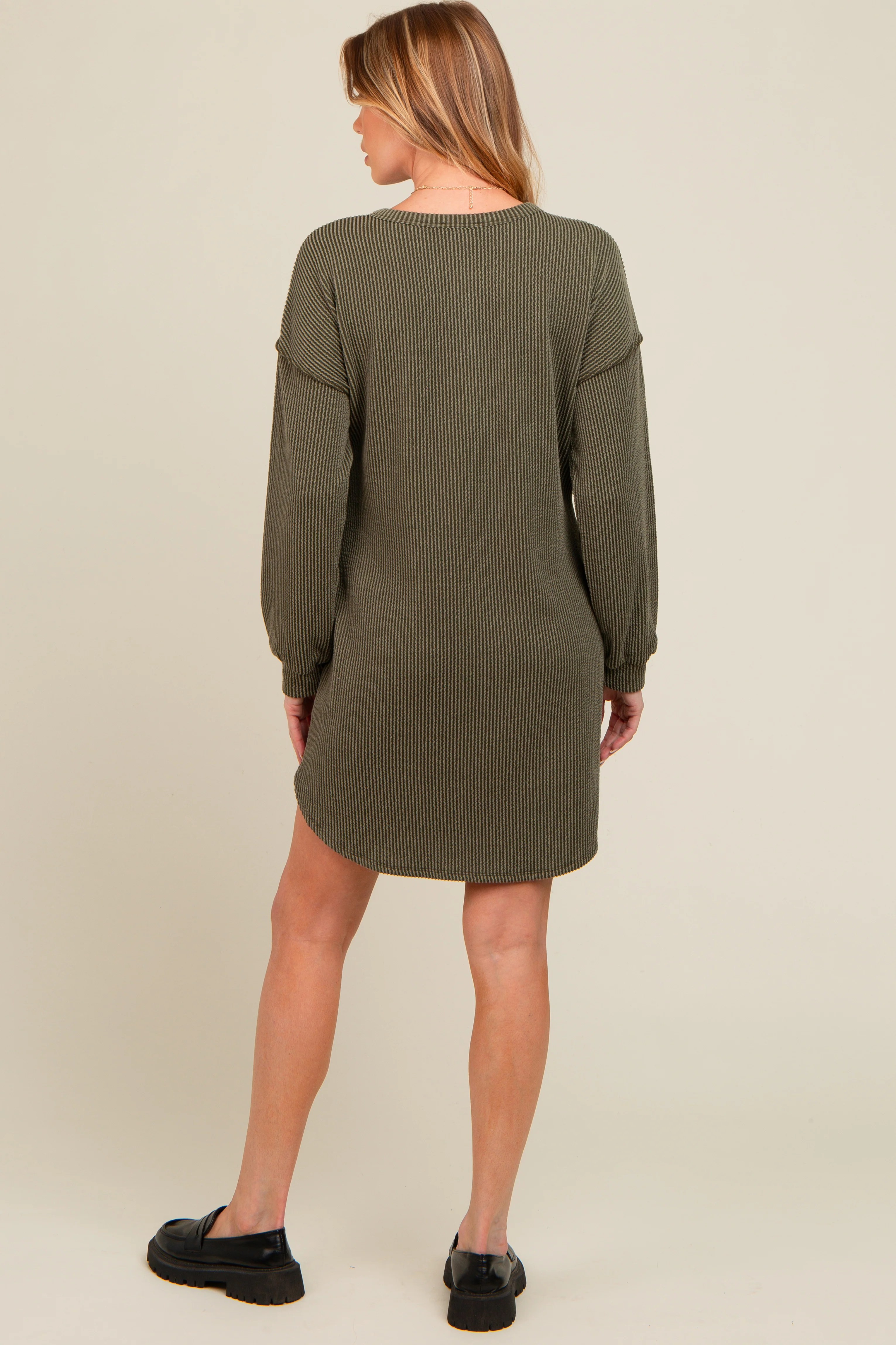 Olive Ribbed Button Accent Maternity Dress - Image 3