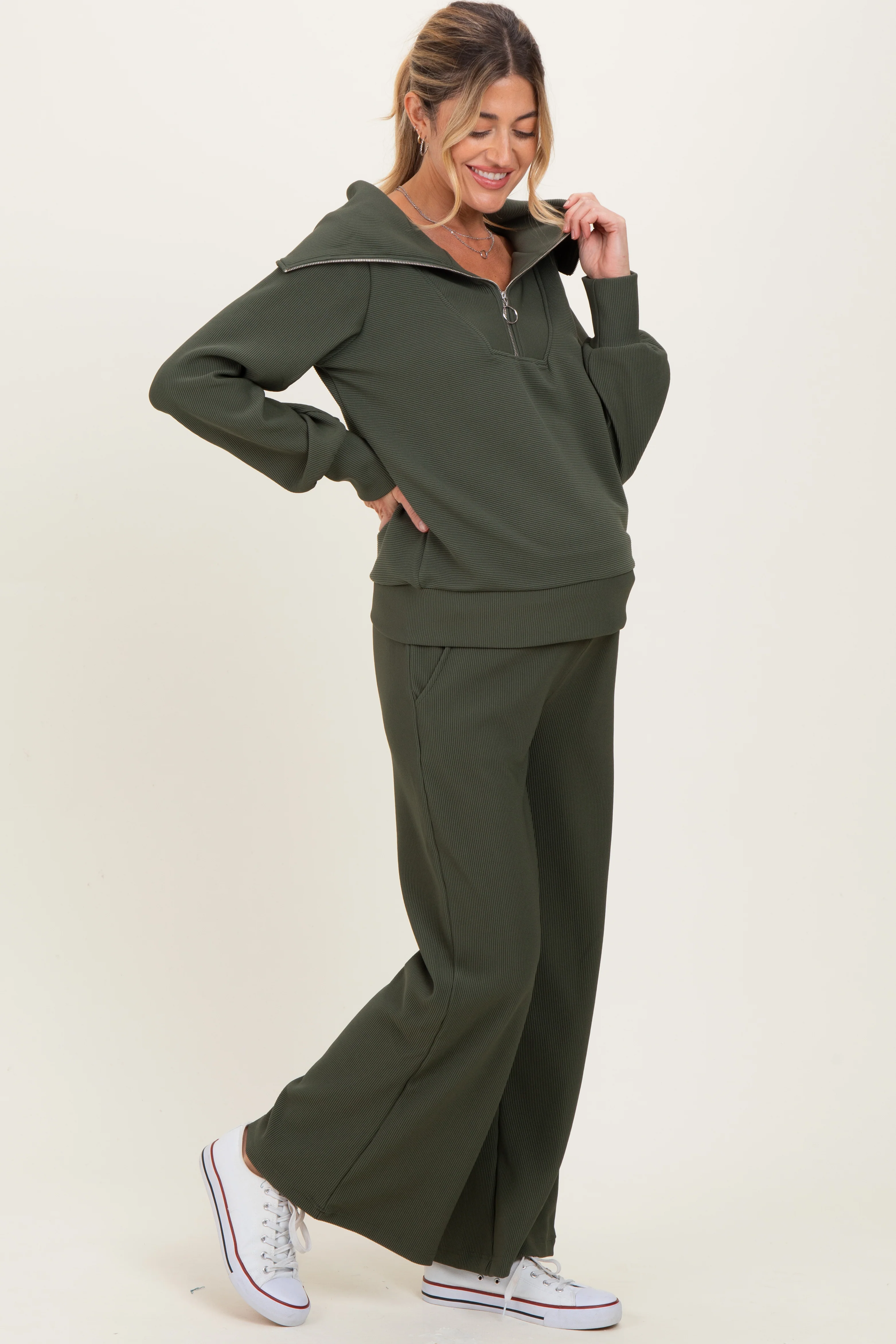 Olive Ribbed Half Zip Pullover Wide Leg Pant Maternity Set - Image 3