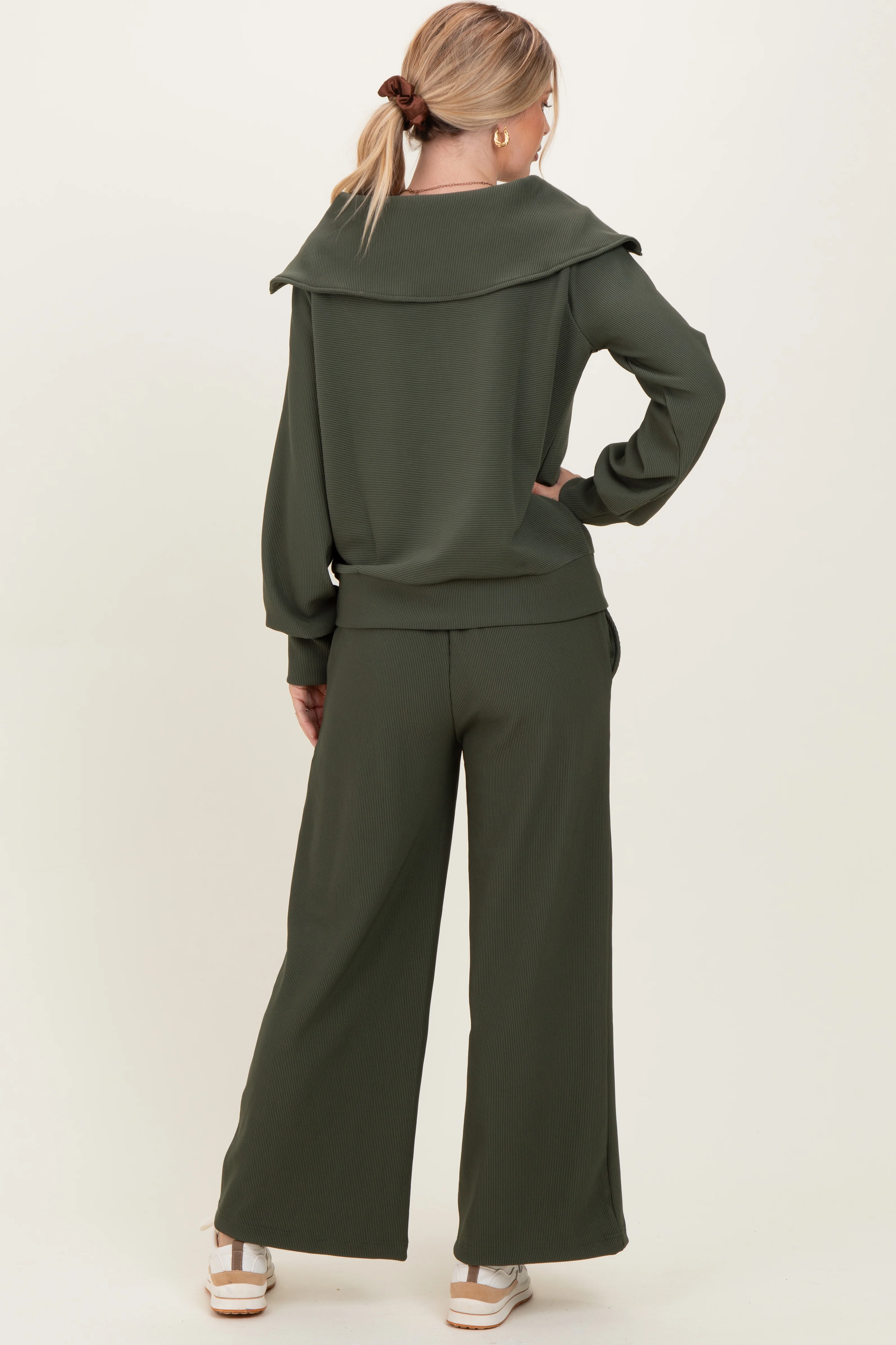 Olive Ribbed Half Zip Pullover Wide Leg Pant Set - Image 4