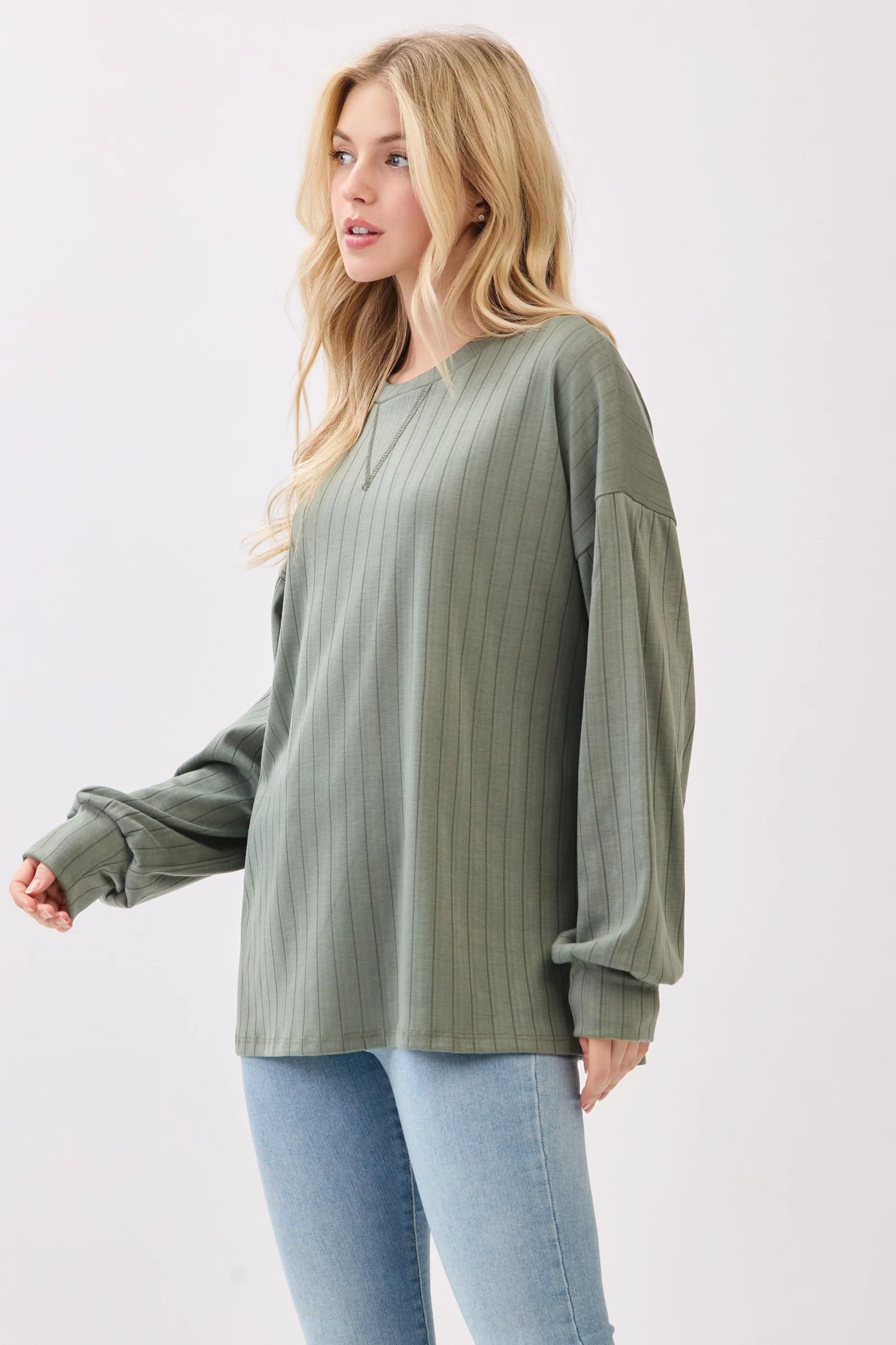 Olive Ribbed Knit Bubble Sleeve Pullover Top - Image 3