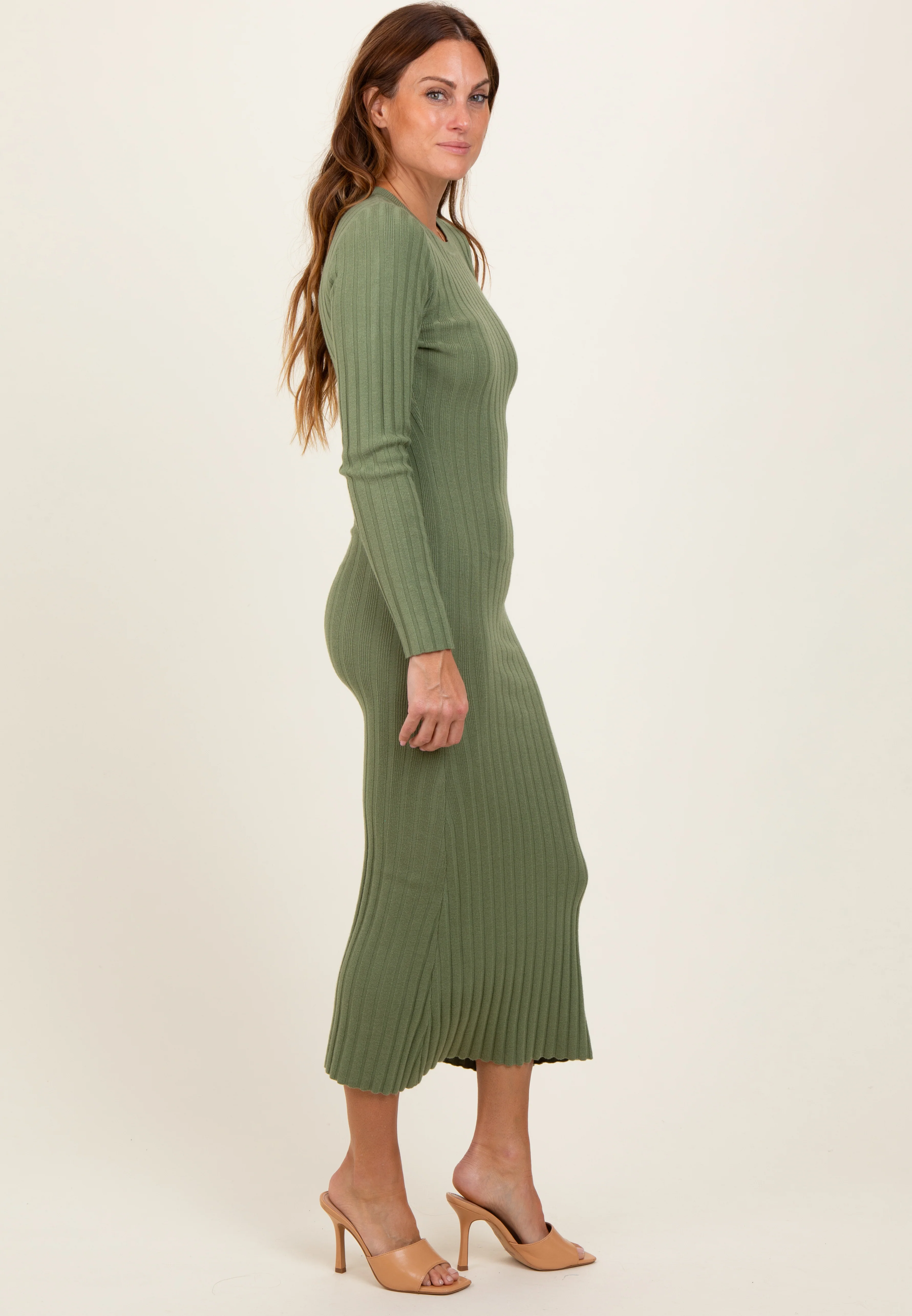 Olive Ribbed Knit Fitted Midi Sweater Dress - Image 2