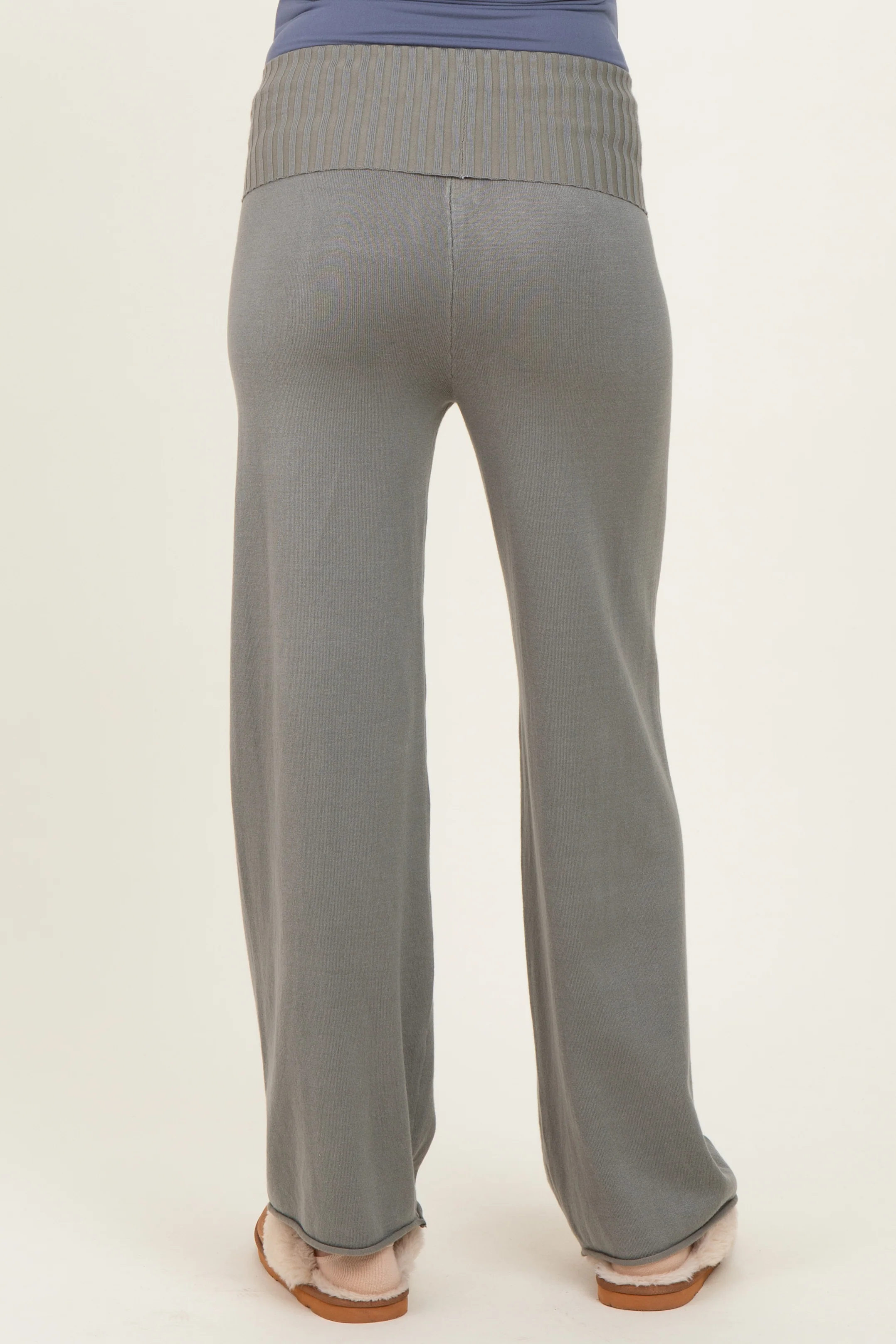 Olive Ribbed Knit Foldover Waist Maternity Pants - Image 4