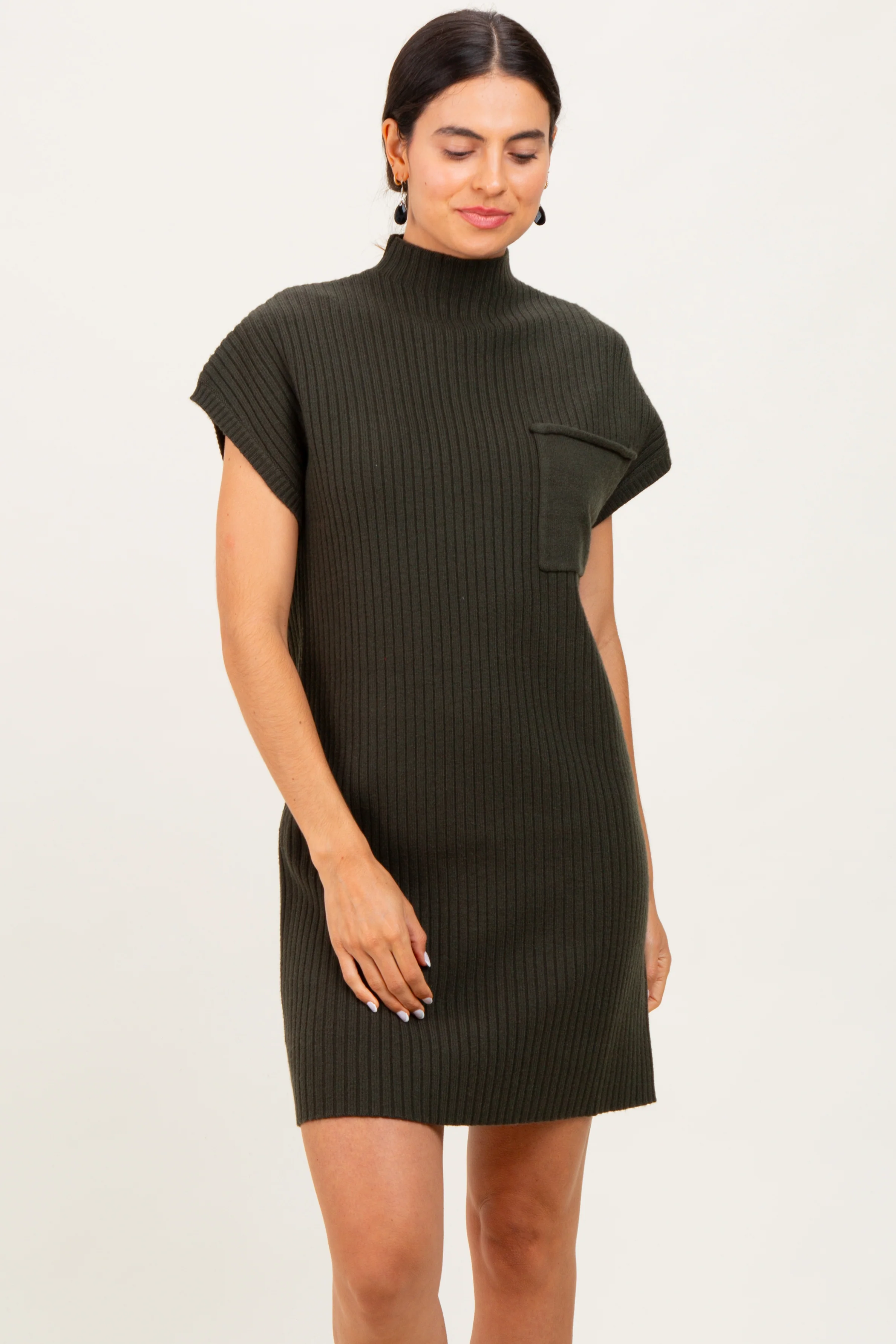 Olive Ribbed Knit Maternity Short Sleeve Sweater Dress - Image 5