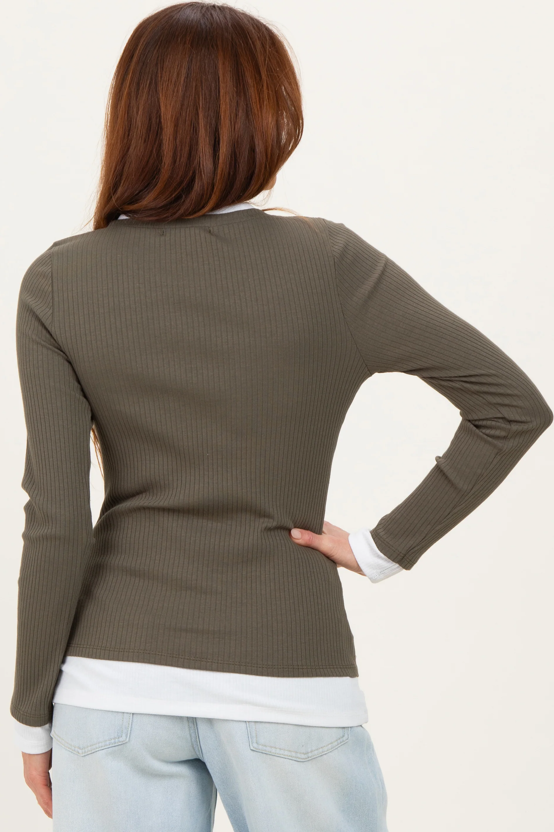 Olive Ribbed Long Sleeve Double Layer Top - Image 4
