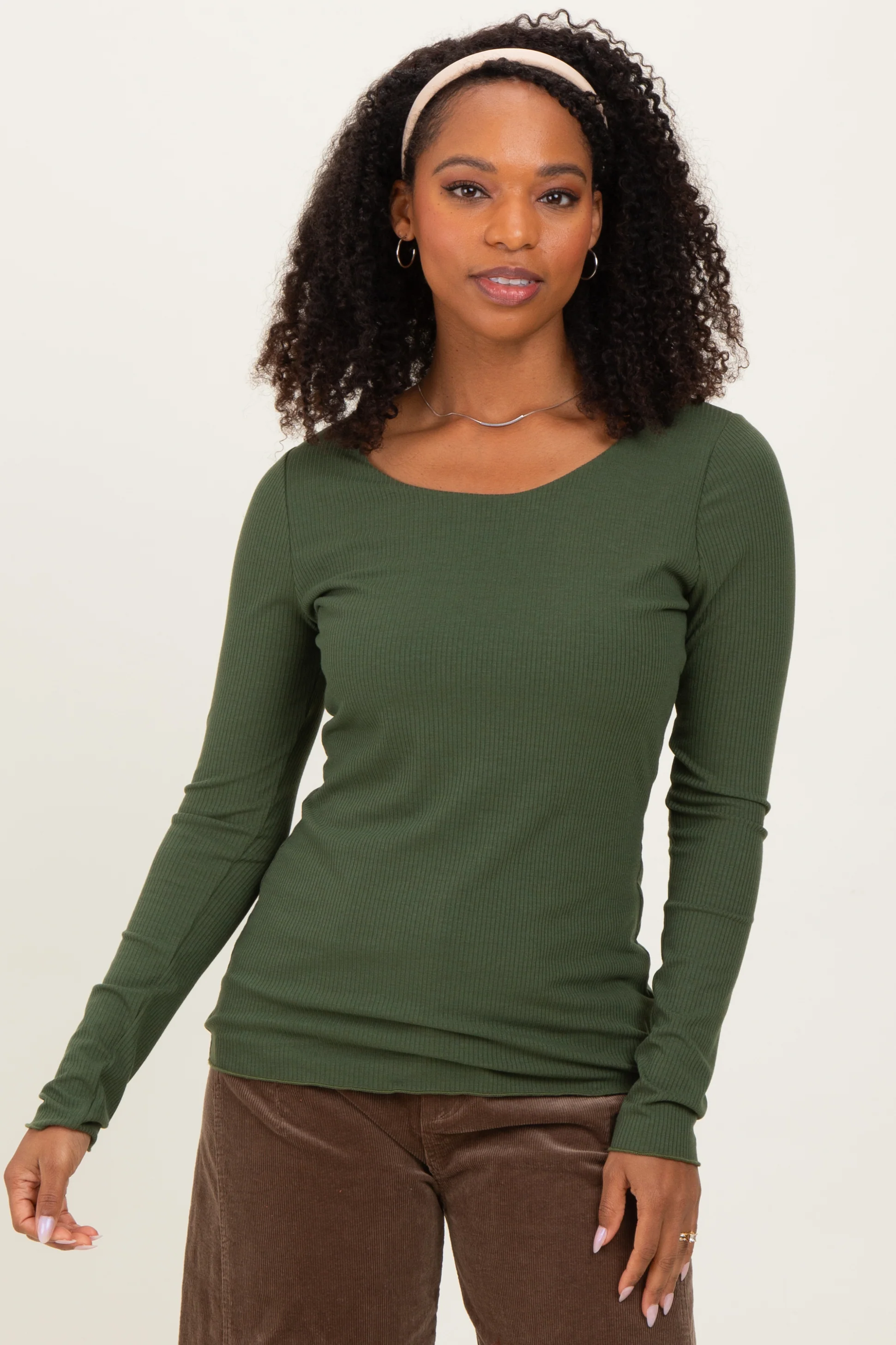 Olive Ribbed Long Sleeve Lettuce Trim Maternity Top - Image 5