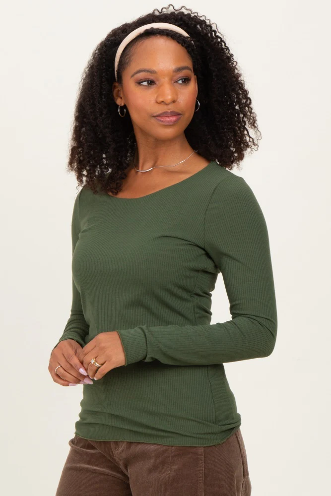Olive Ribbed Long Sleeve Lettuce Trim Top - Image 3