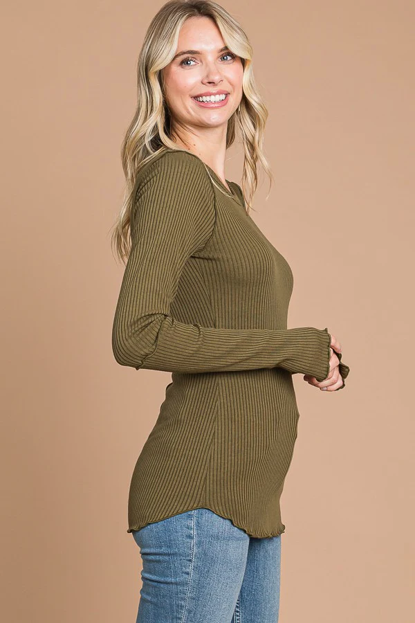 Olive Ribbed Long Sleeve Top - Image 2