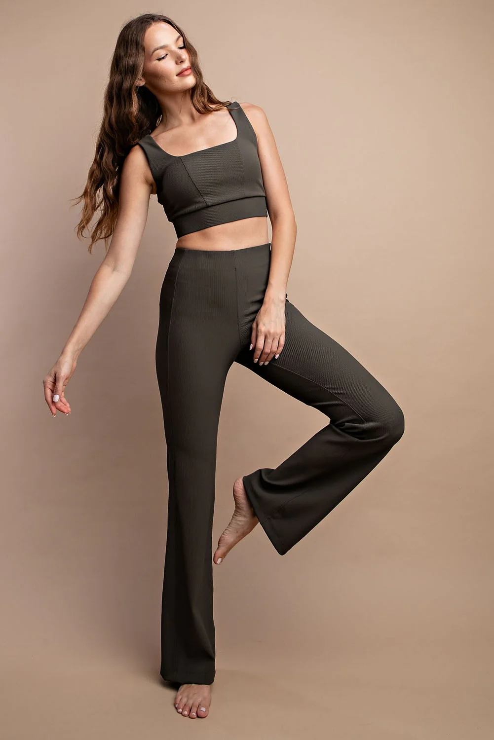 Olive Ribbed Maternity Flared Leggings - Image 6