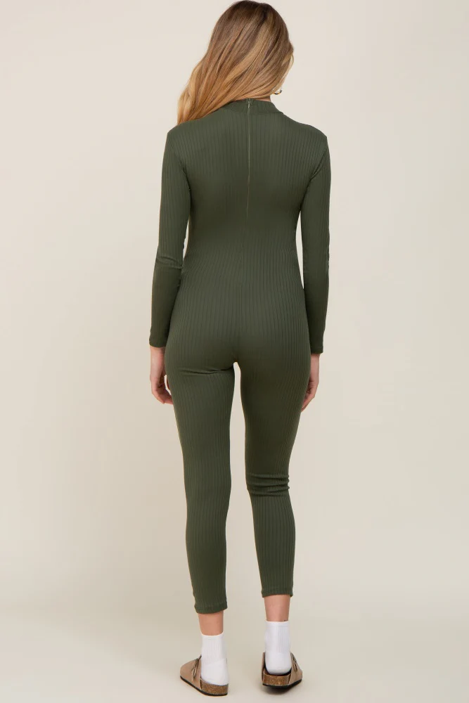Olive Ribbed Maternity Jumpsuit - Image 3