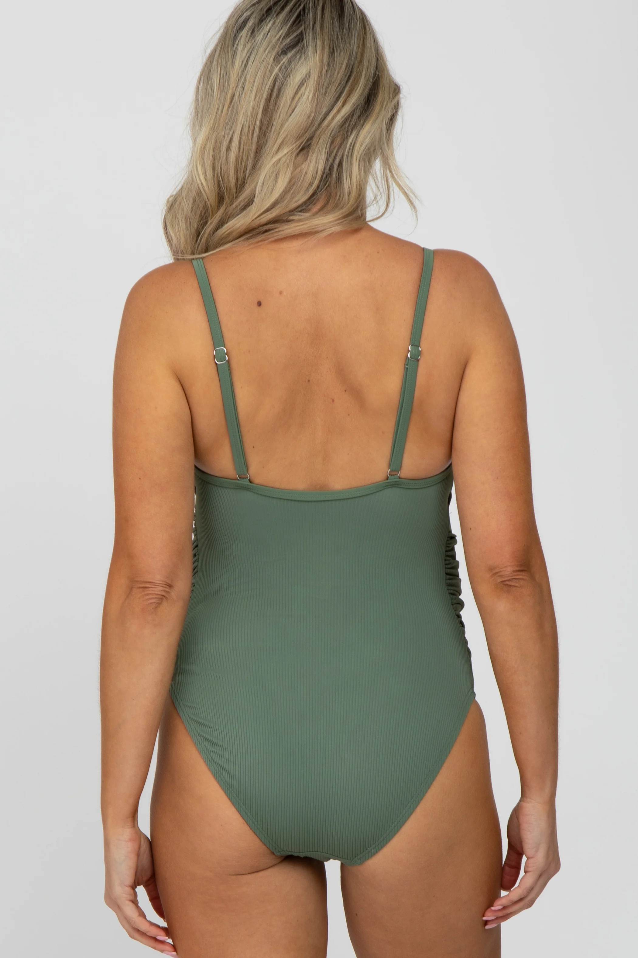 Olive Ribbed One-Piece Maternity Swimsuit - Image 4