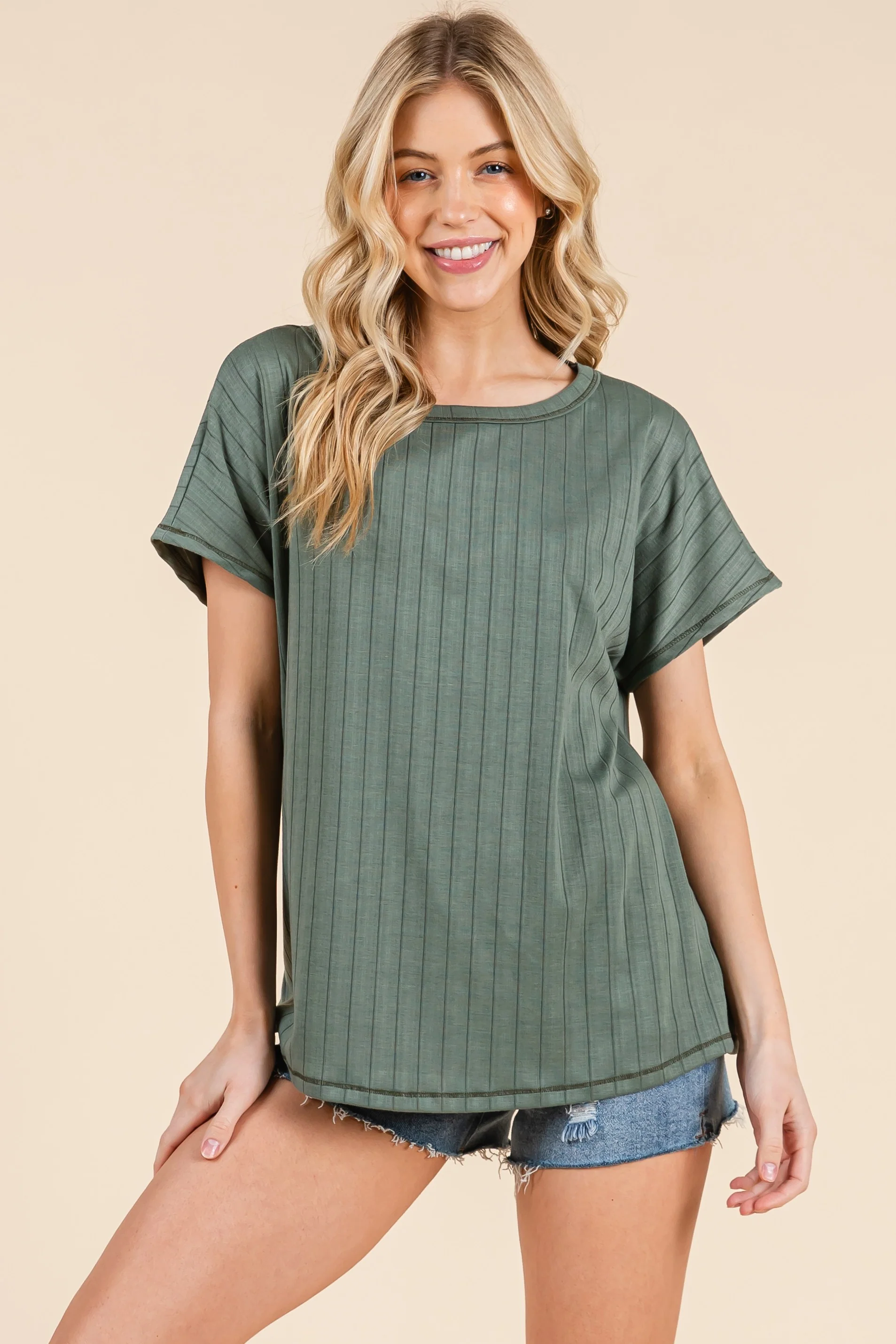 Olive Ribbed Relaxed Tee - Image 2