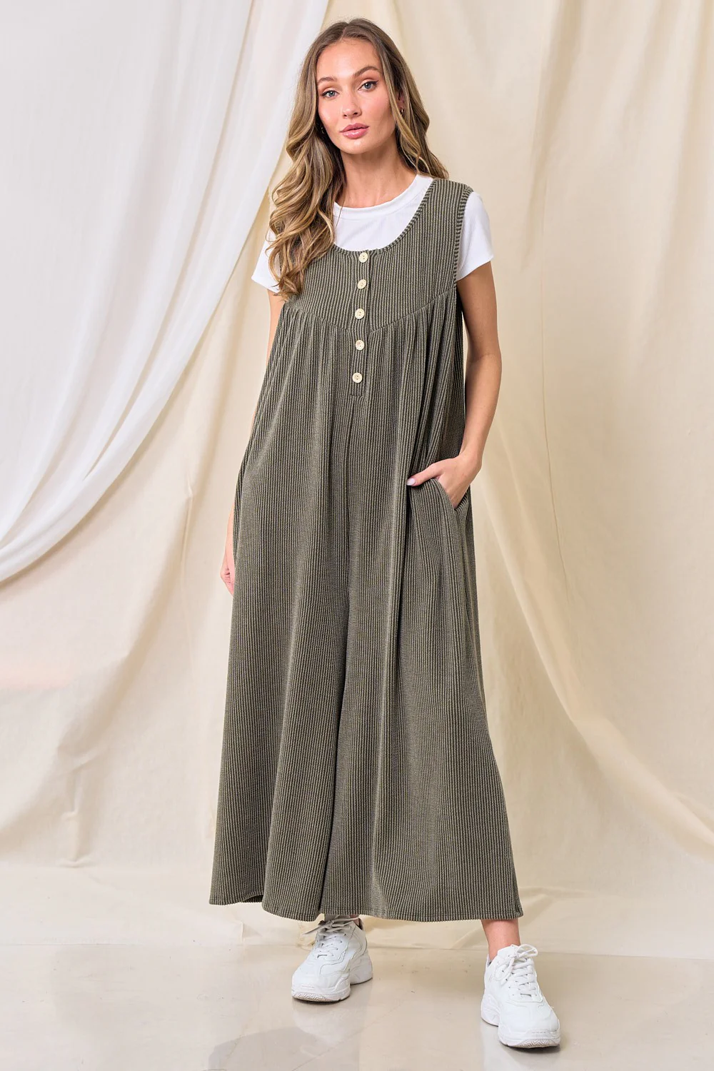 Olive Ribbed Sleeveless Button Front Jumpsuit - Image 2