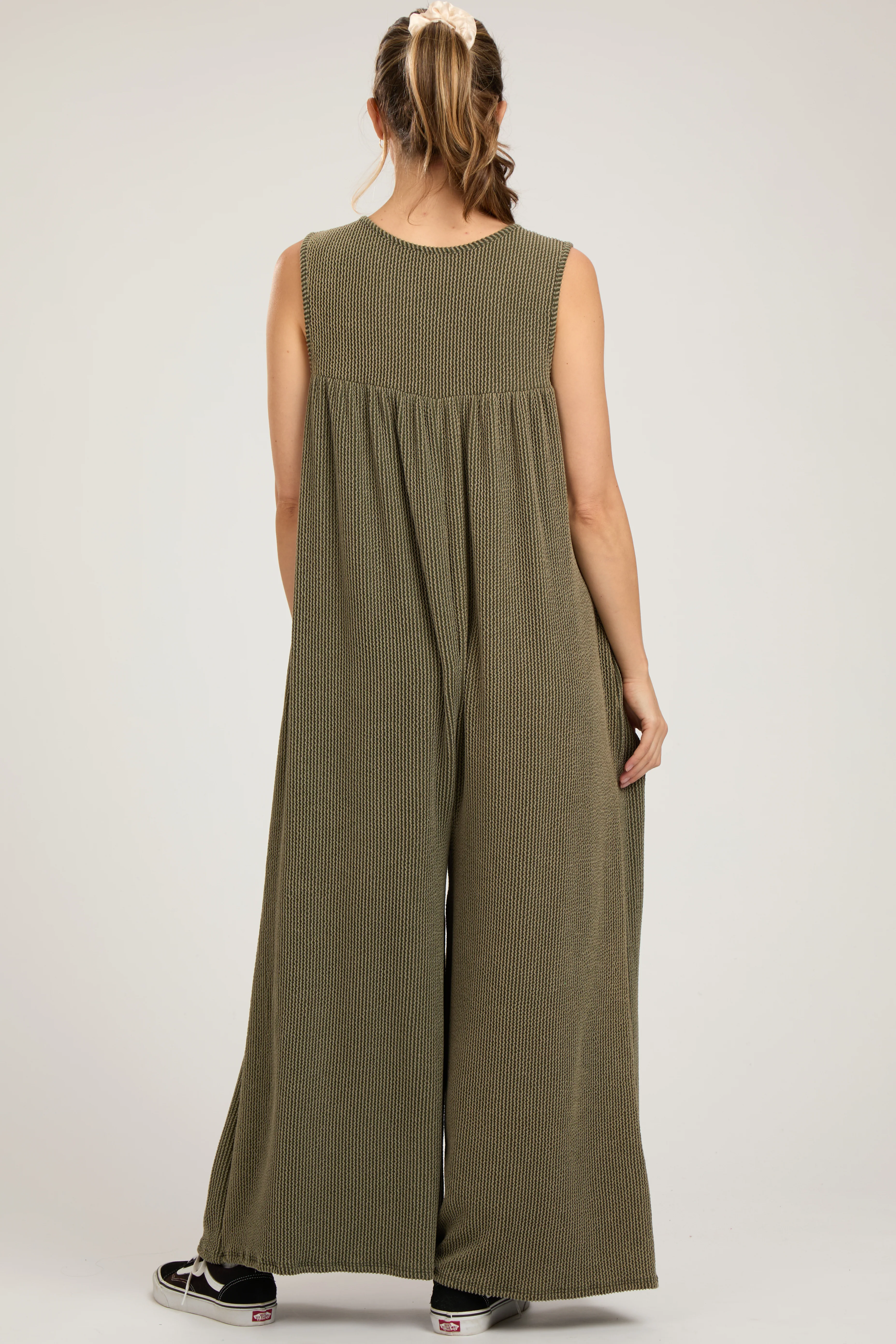 Olive Ribbed Sleeveless Button Front Maternity Jumpsuit - Image 2