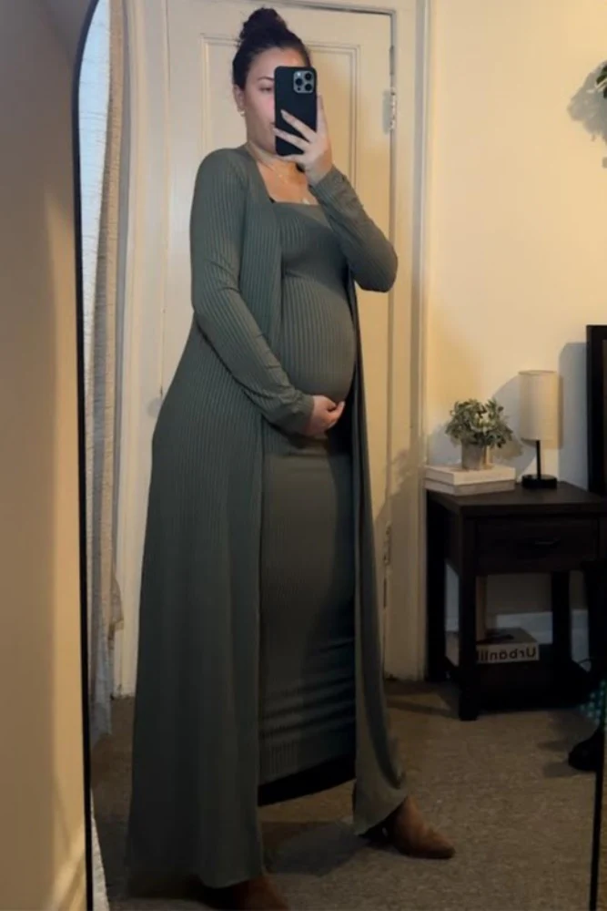 Olive Ribbed Sleeveless Dress Cardigan Maternity Set - Image 4