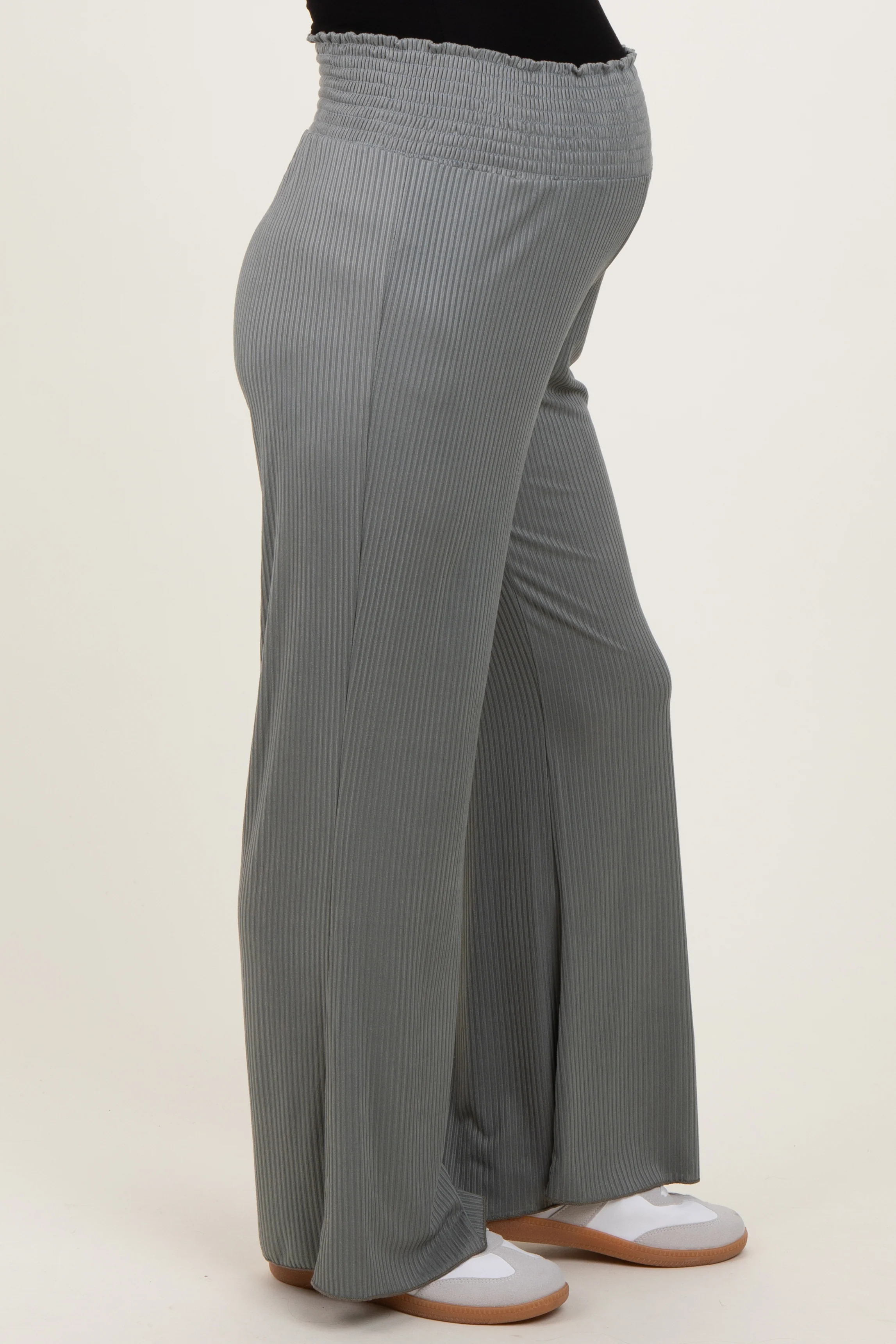 Olive Ribbed Smocked Waistband Wide Leg Maternity Pants - Image 3
