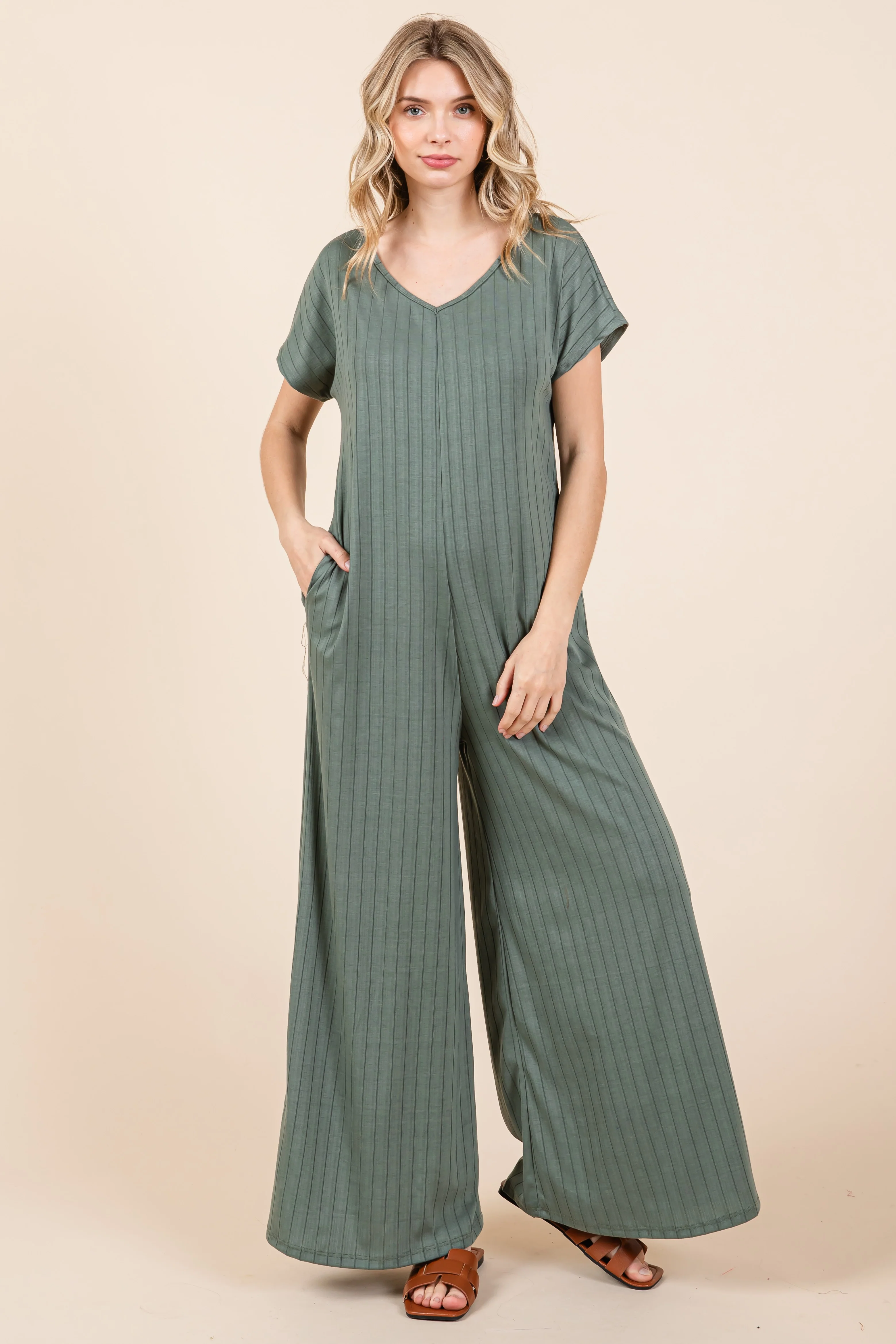 Olive Ribbed Wide Leg Maternity Jumpsuit - Image 5