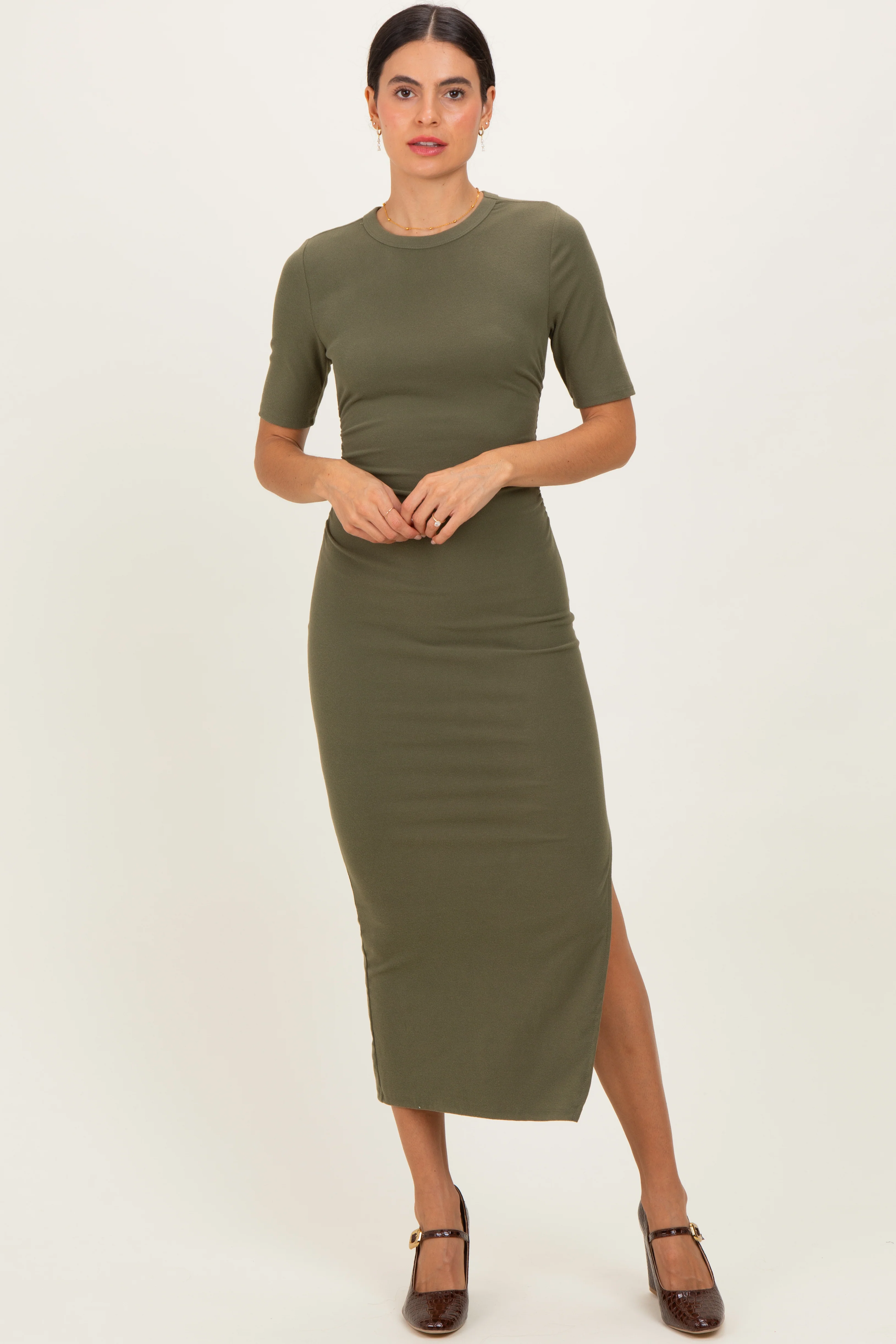 Olive Ruched Side Slit Maternity Midi Dress - Image 4