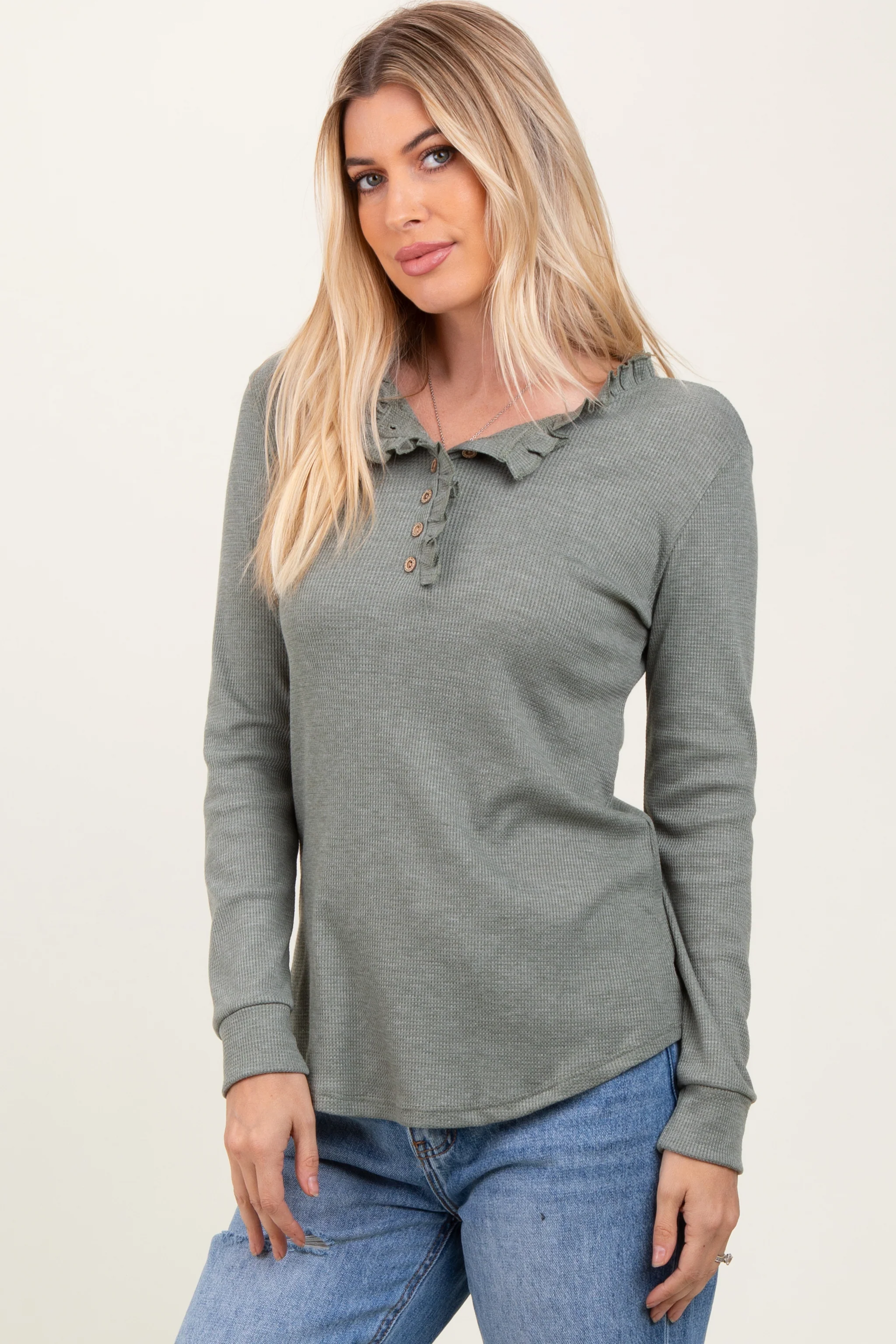 Olive Ruffle Collar Micro Waffle Knit Henley Top - Image 3