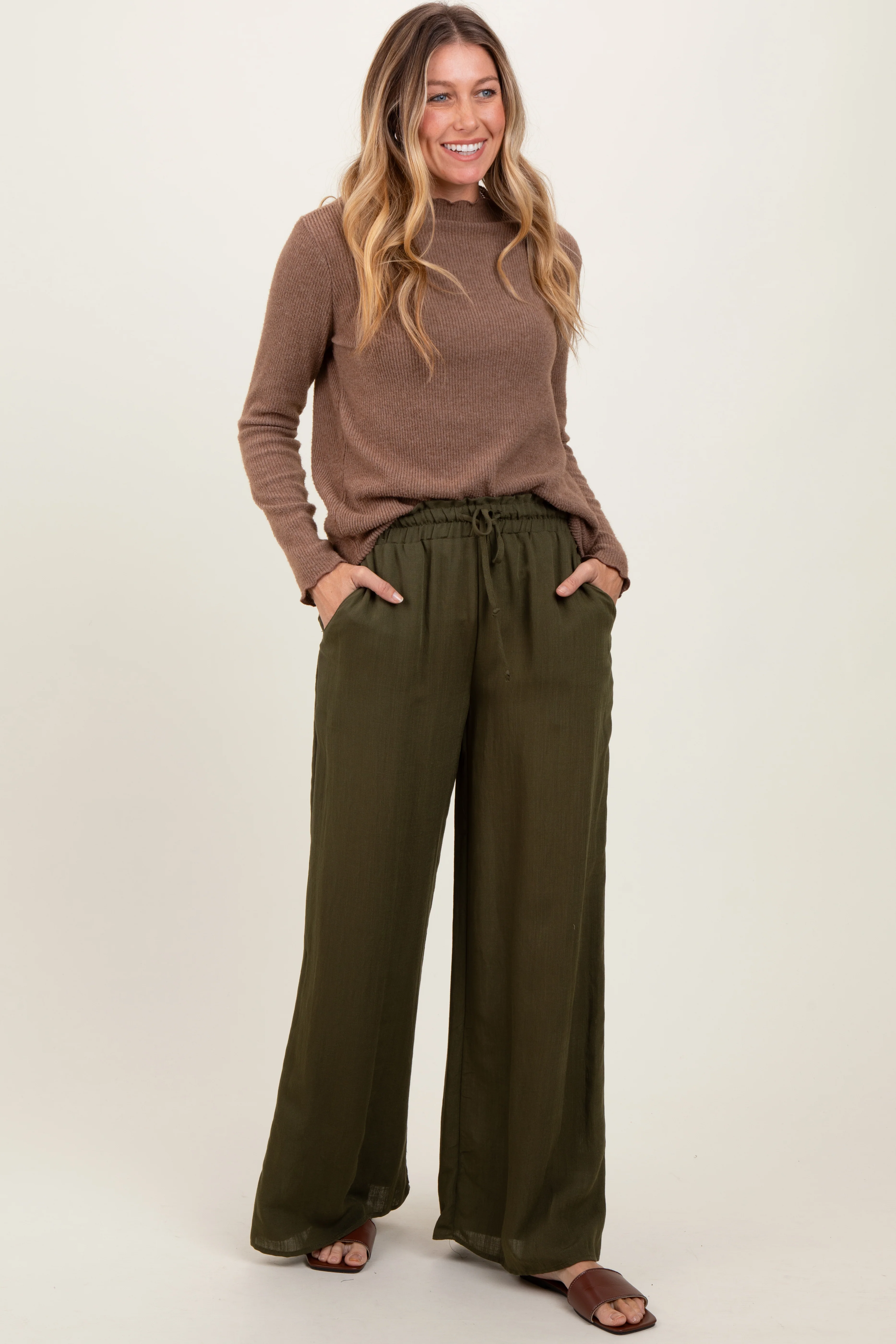 Olive Ruffled Drawstring Waist Wide Leg Maternity Pants - Image 5