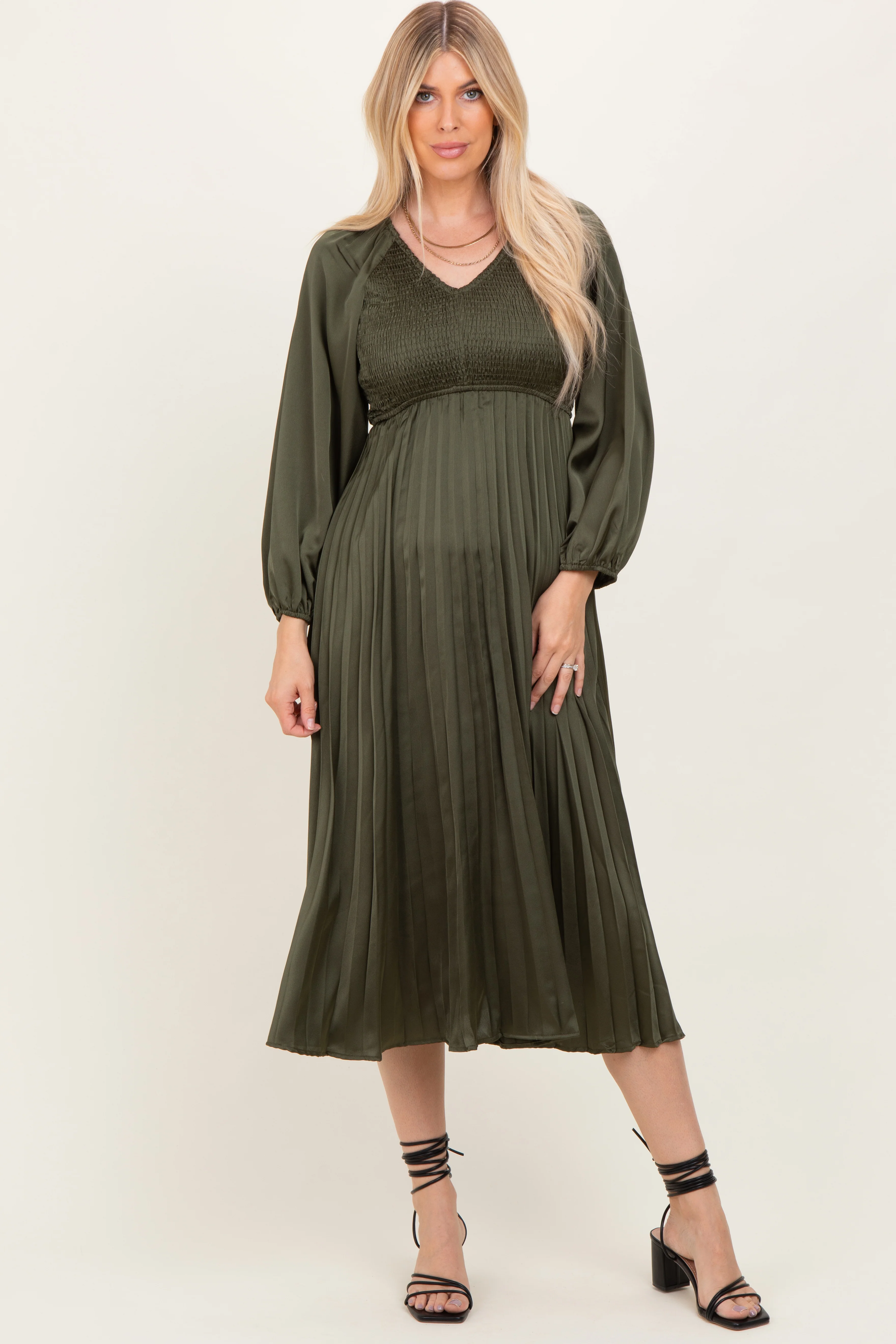 Olive Satin Smocked Pleated Maternity Midi Dress - Image 4