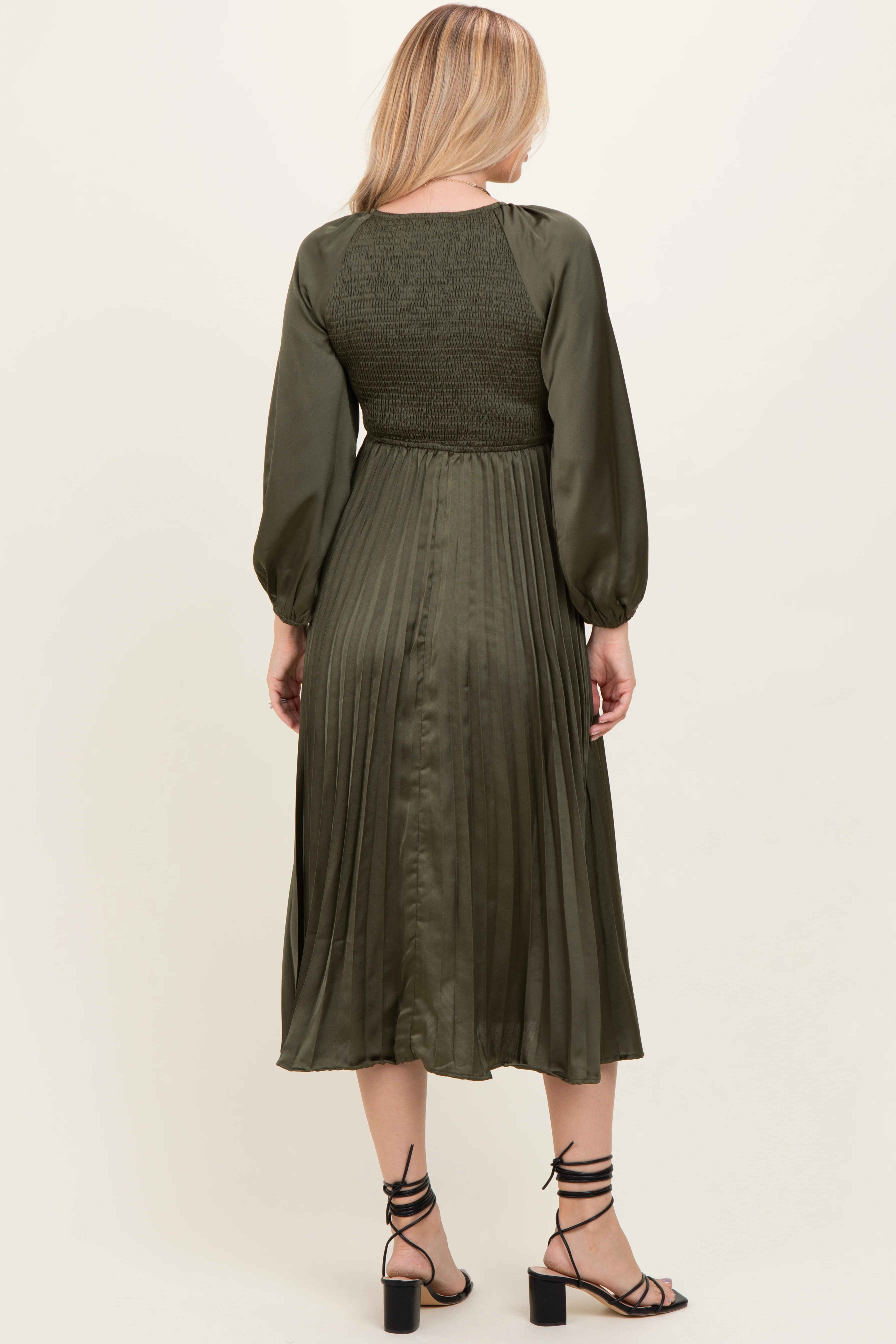 Olive Satin Smocked Pleated Midi Dress - Image 4