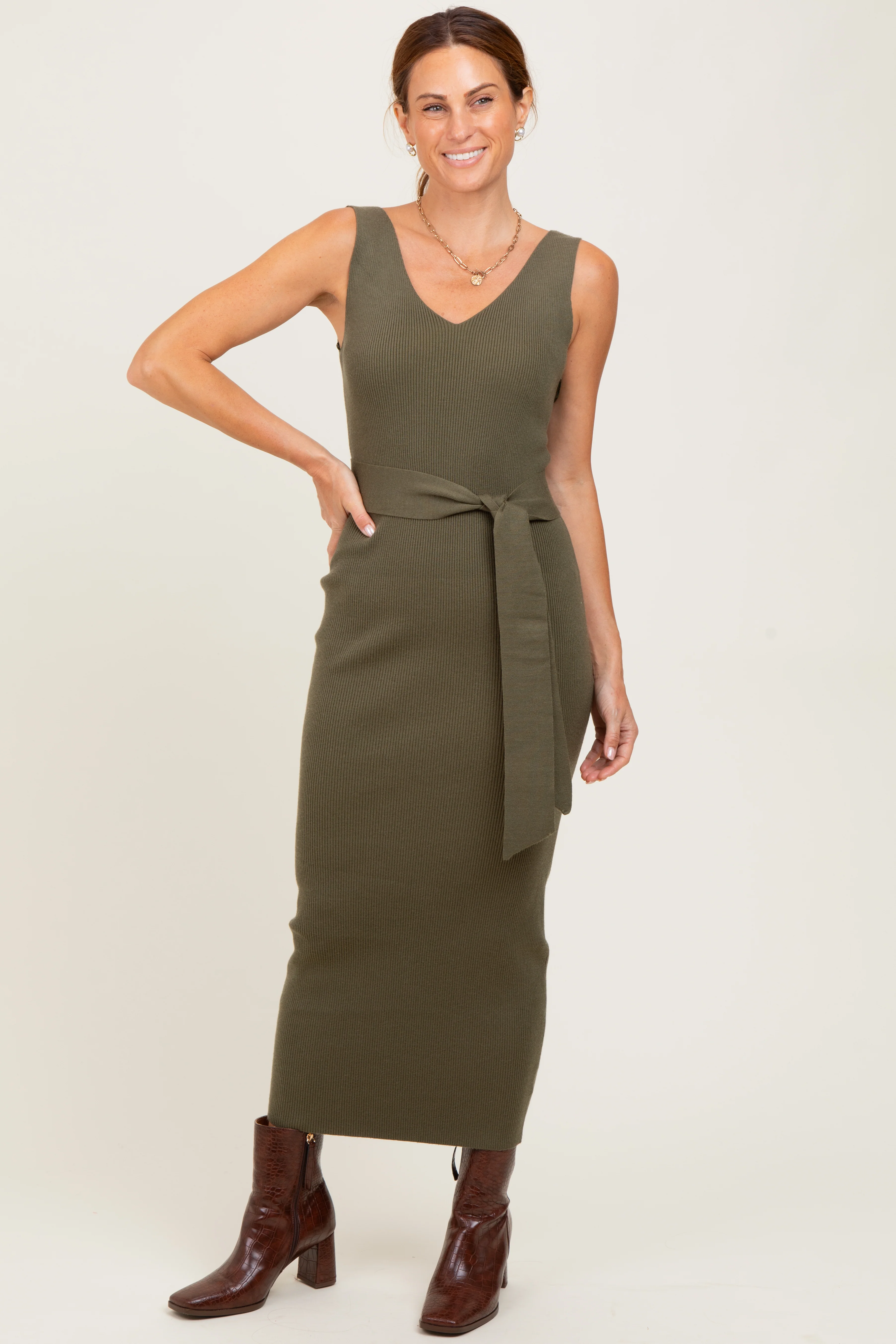 Olive Sleeveless Ribbed Belted Midi Maternity Dress - Image 2